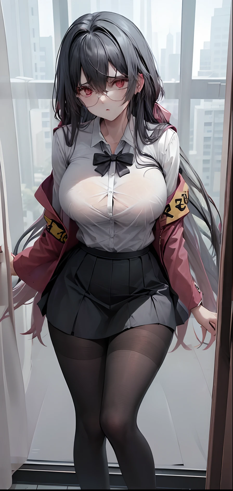 1girl,huge breasts, pantyhose, very long hair,open jacket,white shirt, closed shirt,skirt, standing, sadistic and psycho expression, no mercy, annoyed, disgusted, pink eyes, classroom, window, modelling, low angle, from below