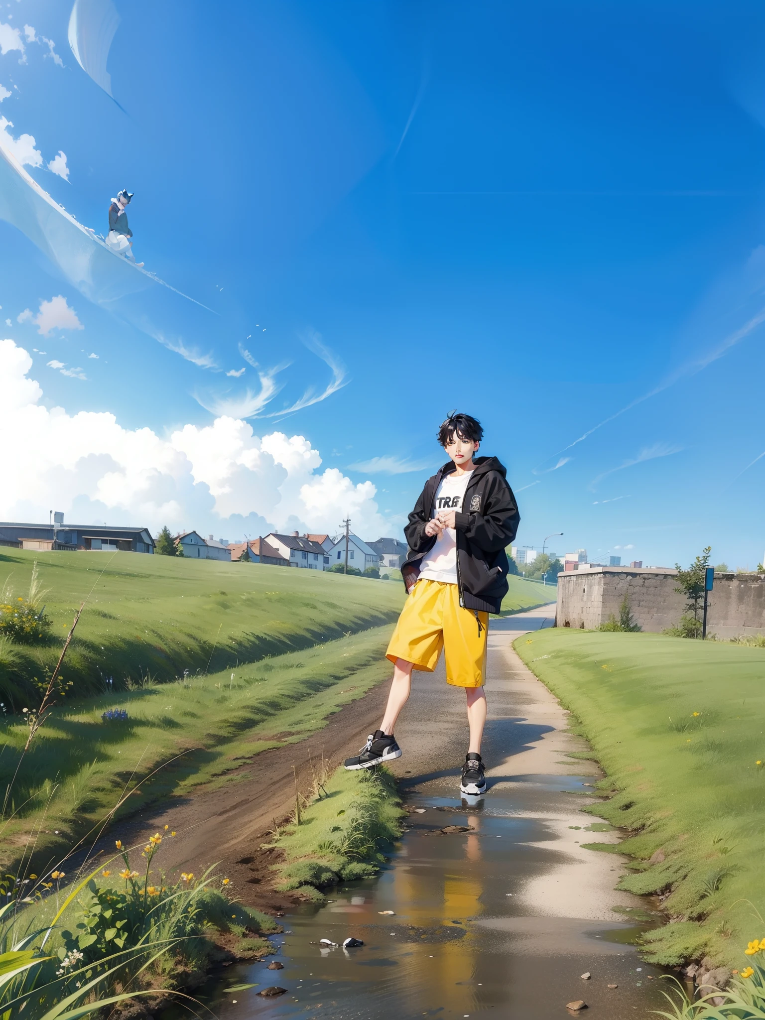 Male, short black hair, delicate face, black sweatshirt (cat pattern), scratching head action, city street background