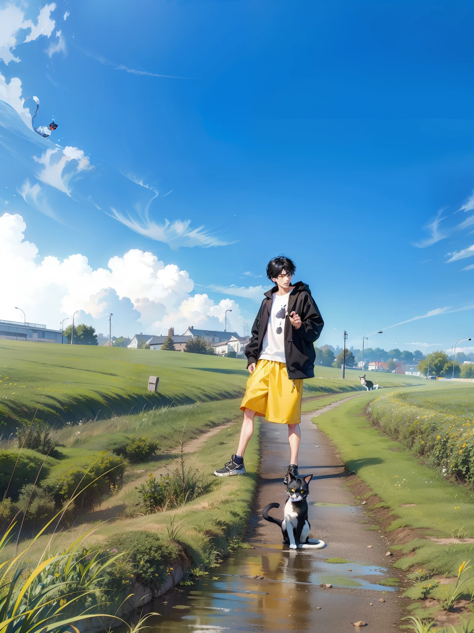 Male, short black hair, delicate face, black sweatshirt (cat pattern), scratching head action, city street background