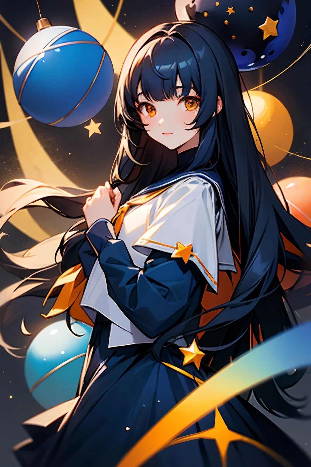femele、160 cm、2nd year of high school、A dark-haired、Hair tips blue、gradients、Multiple star ornaments in the hair、Orange eyes、