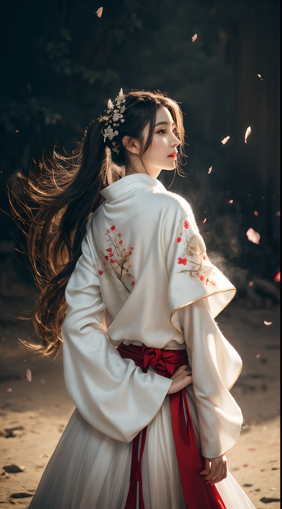 (Best quality,4K,A high resolution,Masterpiece:1.2),Ultra-detailed,Realistic, Black and white Hanfu,Black embroidery, Flowing white ponytail, Long flowing hair, White mask, The mask flutters in the wind, Fringed Hair Ornament, Peony flower, Ancient style, Wide sleeves, Dynamic pose, Dramatic composition, falling flower petals, red waistband, the complex background, Ancient architecture, Misty clouds, Fairy tale background, Swirling clouds, Cinematic lighting.
