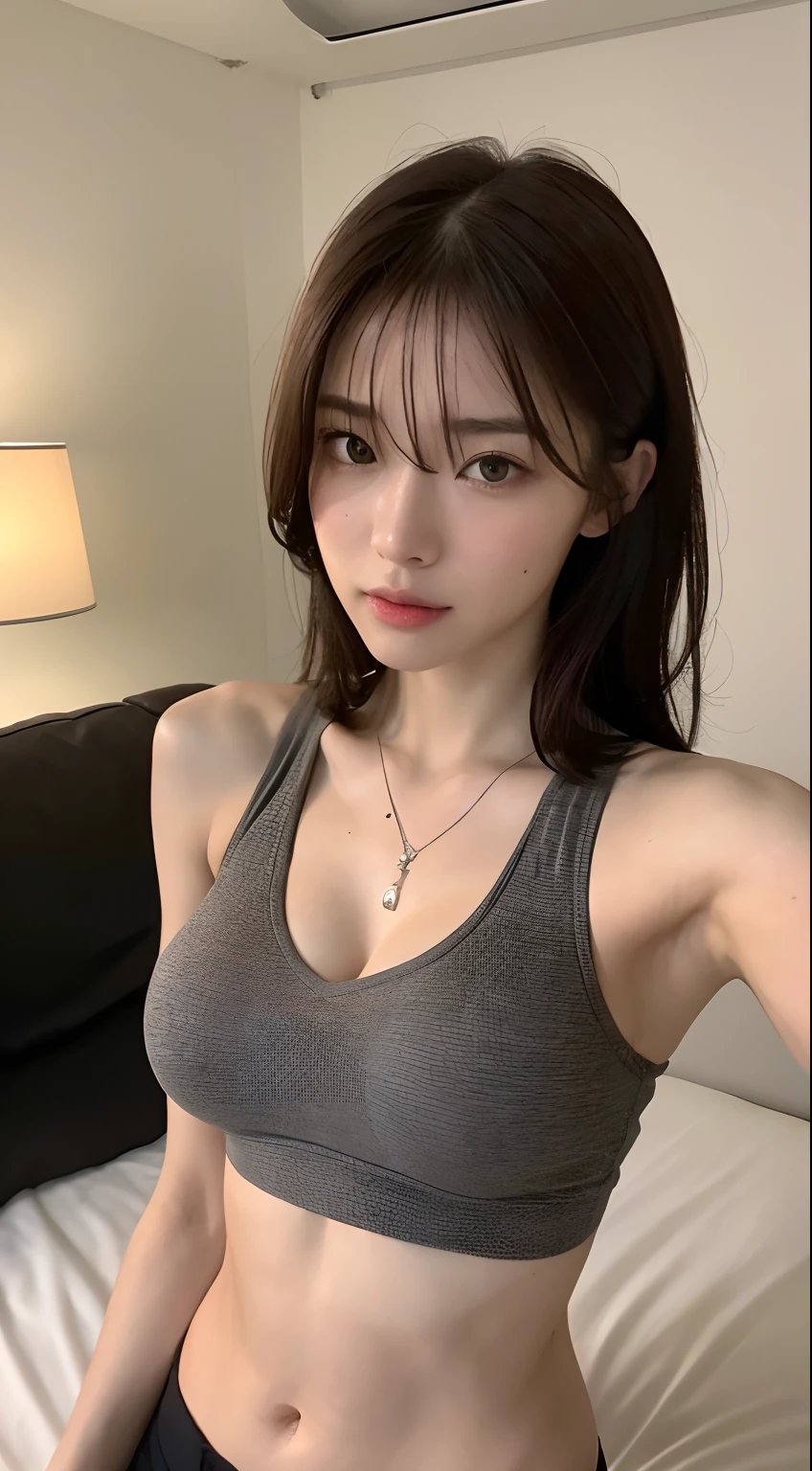 ((Realistic lighting, best qualtiy, 8k, tmasterpiece:1.3)), sharp fokus:1.2, 1girl, Beautiful Women with Perfect Figure:1.4, Slim abs:1.1, ((dark brown hair)), (black crop top:1.4),(exteriors,during night:1.1),Sit on the indoor bed,Ultra-fine face,Fine eyes,二重まぶた,Leaks out the entire delicate breast