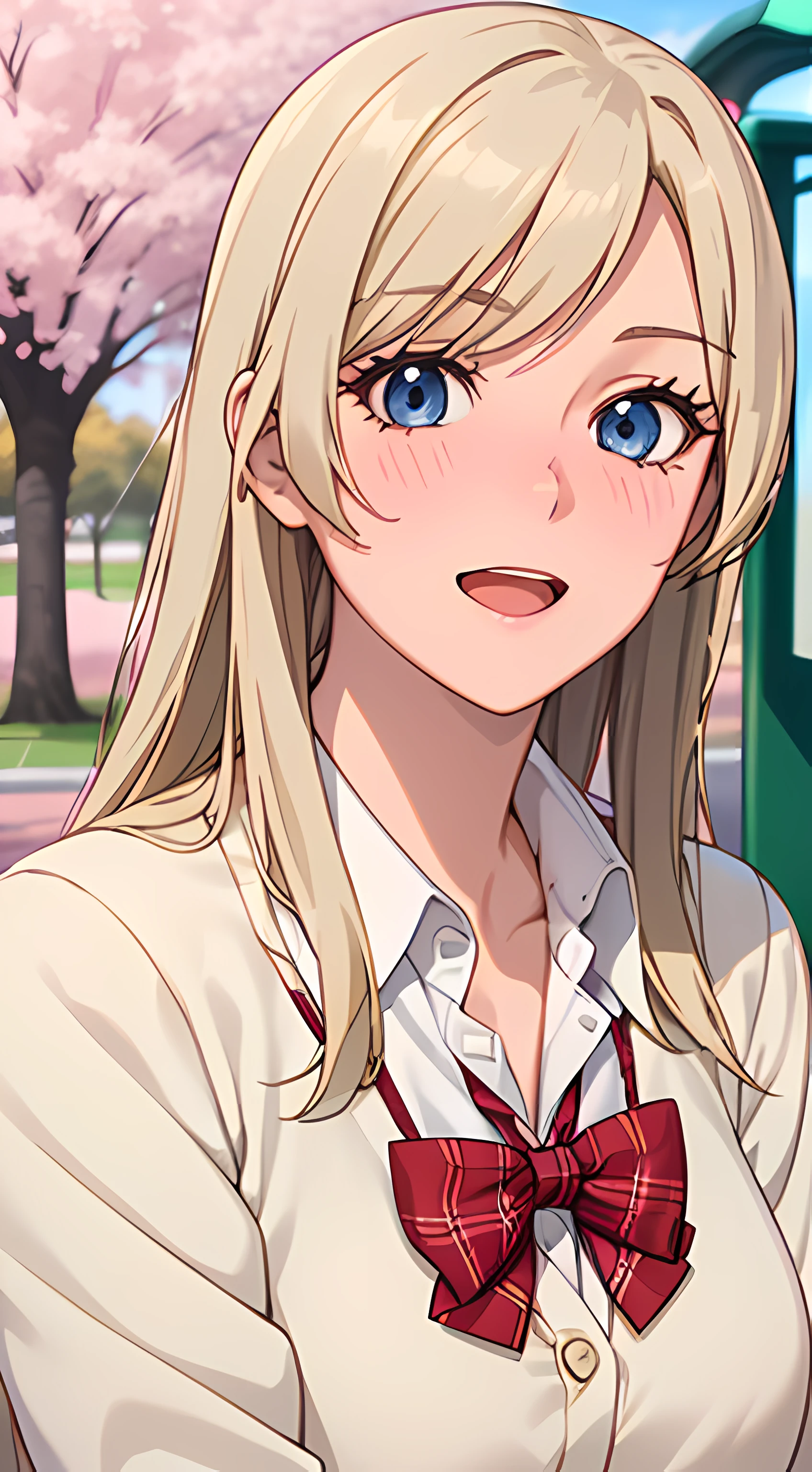((masterpiece, best quality, highres, UHD, perfect pixel, depth of field, 4k, RTX, HDR))), 1girl, single, solo, beautiful anime girl, beautiful artstyle, anime character, ((long hair, parted bangs, blonde hair)), ((blue eyes:1.4, rounded eyes, realistic eyes)), ((eyelashes, ultra-detailed eyelashes, smooth eyelashes)), ((detailed face, blushing:1.2)), ((smooth texture:0.75, realistic texture:0.65, photorealistic:1.1, anime CG style)), medium breasts, dynamic angle, perfect body, ((POV, dynamic pose, portrait)), ((red bowtie, school uniform, white shirt, brown cardigan, long sleeve, black skirt, plaid skirt)), smile, open mouth, amusement park, ((cherry blossom tree, cherry blossoms fall)), natural light, bright sky, sunshine