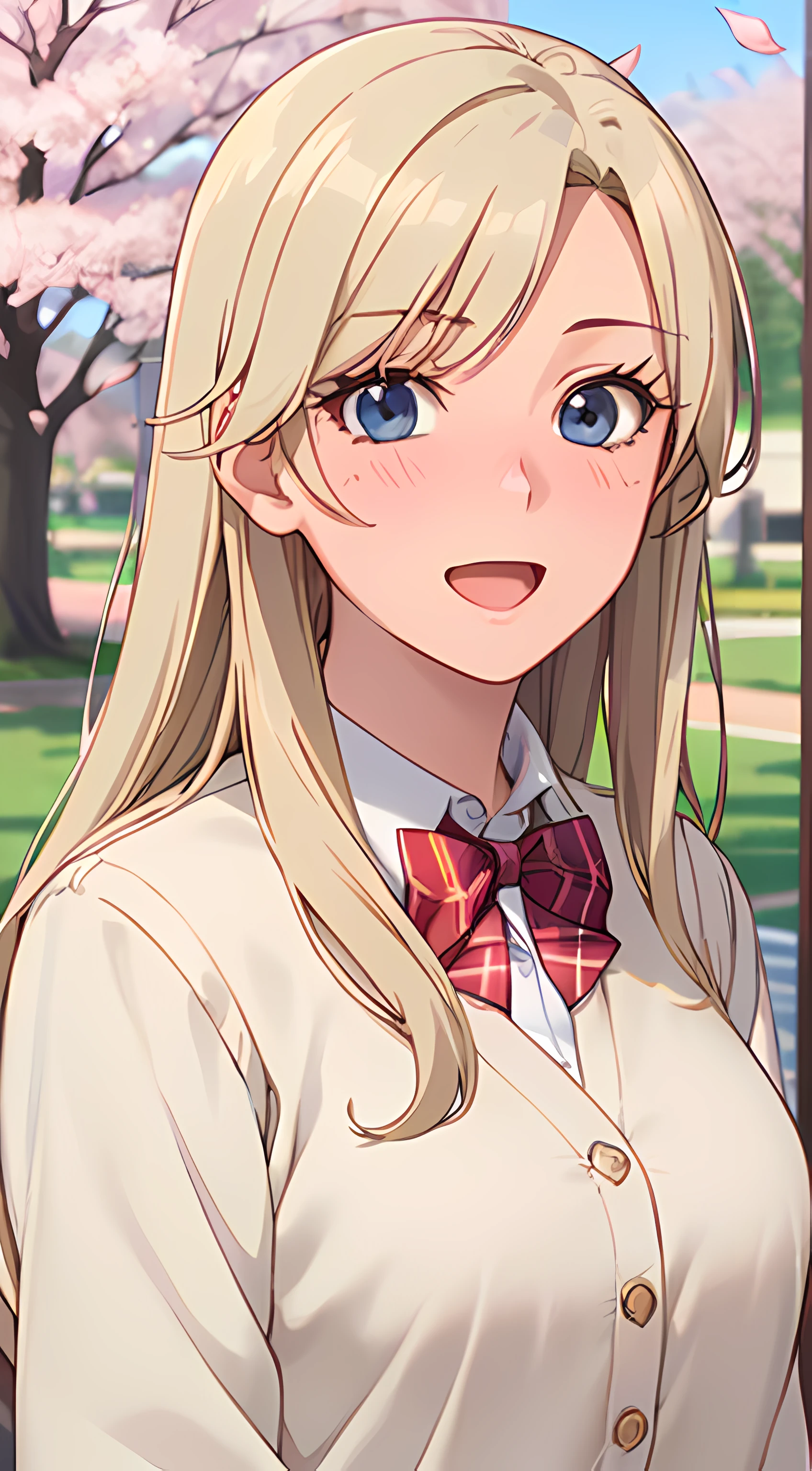 ((masterpiece, best quality, highres, UHD, perfect pixel, depth of field, 4k, RTX, HDR))), 1girl, single, solo, beautiful anime girl, beautiful artstyle, anime character, ((long hair, parted bangs, blonde hair)), ((blue eyes:1.4, rounded eyes, realistic eyes)), ((eyelashes, ultra-detailed eyelashes, smooth eyelashes)), ((detailed face, blushing:1.2)), ((smooth texture:0.75, realistic texture:0.65, photorealistic:1.1, anime CG style)), medium breasts, dynamic angle, perfect body, ((POV, dynamic pose, portrait)), ((red bowtie, school uniform, white shirt, brown cardigan, long sleeve, black skirt, plaid skirt)), smile, open mouth, amusement park, ((cherry blossom tree, cherry blossoms fall)), natural light, bright sky, sunshine