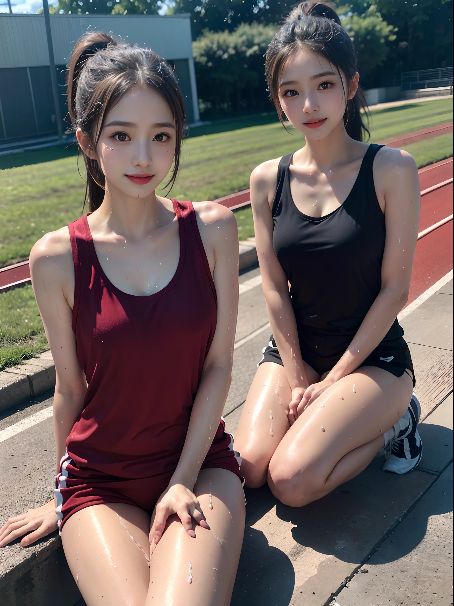 hight resolution、high-level image quality、8K、Real live-action、masutepiece、((​masterpiece, Top image quality, hight resolution、独奏、small tits、Sleeveless uniforms on land、Small Sleeveless Uniform、Tight sleeveless uniform、The shorts are taken off to the thighs、Tiny panties exposed、track and field athlete、high-ponytail Hairstyle、no-bra、full body Esbian、A smile、A slight smil、Tecateca skin、glowy skin))、Sweaty face、Latina, puberty, full of sweat、red lipsticks、Walk along the tracks of the athletics stadium、独奏、On both hands and hips、Navel is visible、squatt、((Uniform wet with sweat))、(((see the whole body)))