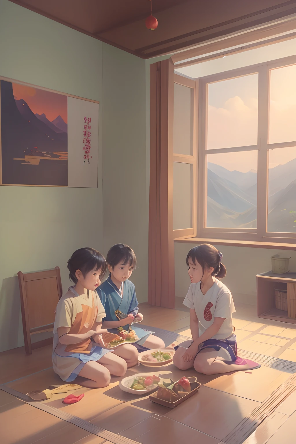 there are two children sitting on a mat eating food, lu ji, yuli ban, by Chizuko Yoshida, su fu, inspired by Fei Danxu, mingchen shen, inspired by Zhang Zongcang, xue han, wu liu, children, yan, ji-min, yanjun chengt, sha xi, inspired by Gu Hongzhong