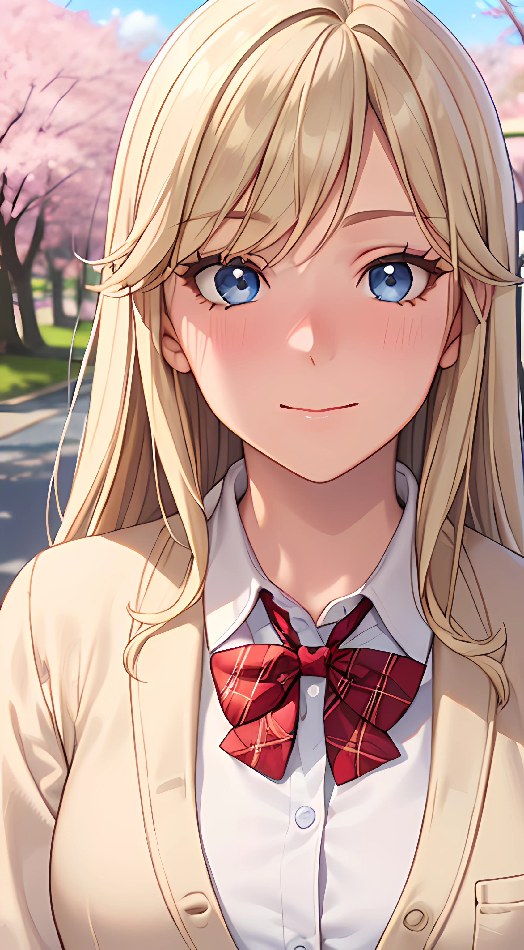 ((masterpiece, best quality, highres, UHD, perfect pixel, depth of field, 4k, RTX, HDR))), 1girl, single, solo, beautiful anime girl, beautiful artstyle, anime character, ((long hair, parted bangs, blonde hair)), ((blue eyes:1.4, rounded eyes, realistic eyes)), ((eyelashes, ultra-detailed eyelashes, smooth eyelashes)), ((detailed face, blushing:1.2)), ((smooth texture:0.75, realistic texture:0.65, photorealistic:1.1, anime CG style)), medium breasts, dynamic angle, perfect body, ((POV, dynamic pose, portrait)), ((red bowtie, school uniform, white shirt, brown cardigan, long sleeve, black skirt, plaid skirt)), smile, amusement park, ((cherry blossom tree, cherry blossoms fall)), natural light, bright sky, sunshine