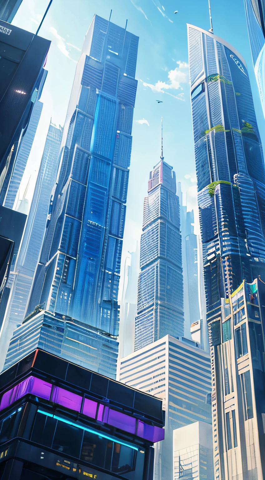 Oil painting of futuristic cityscape,Towering skyscrapers fill the picture。 from below,The colors are bright and vibrant,blue colors、Shades of green and purple dominate the scene。