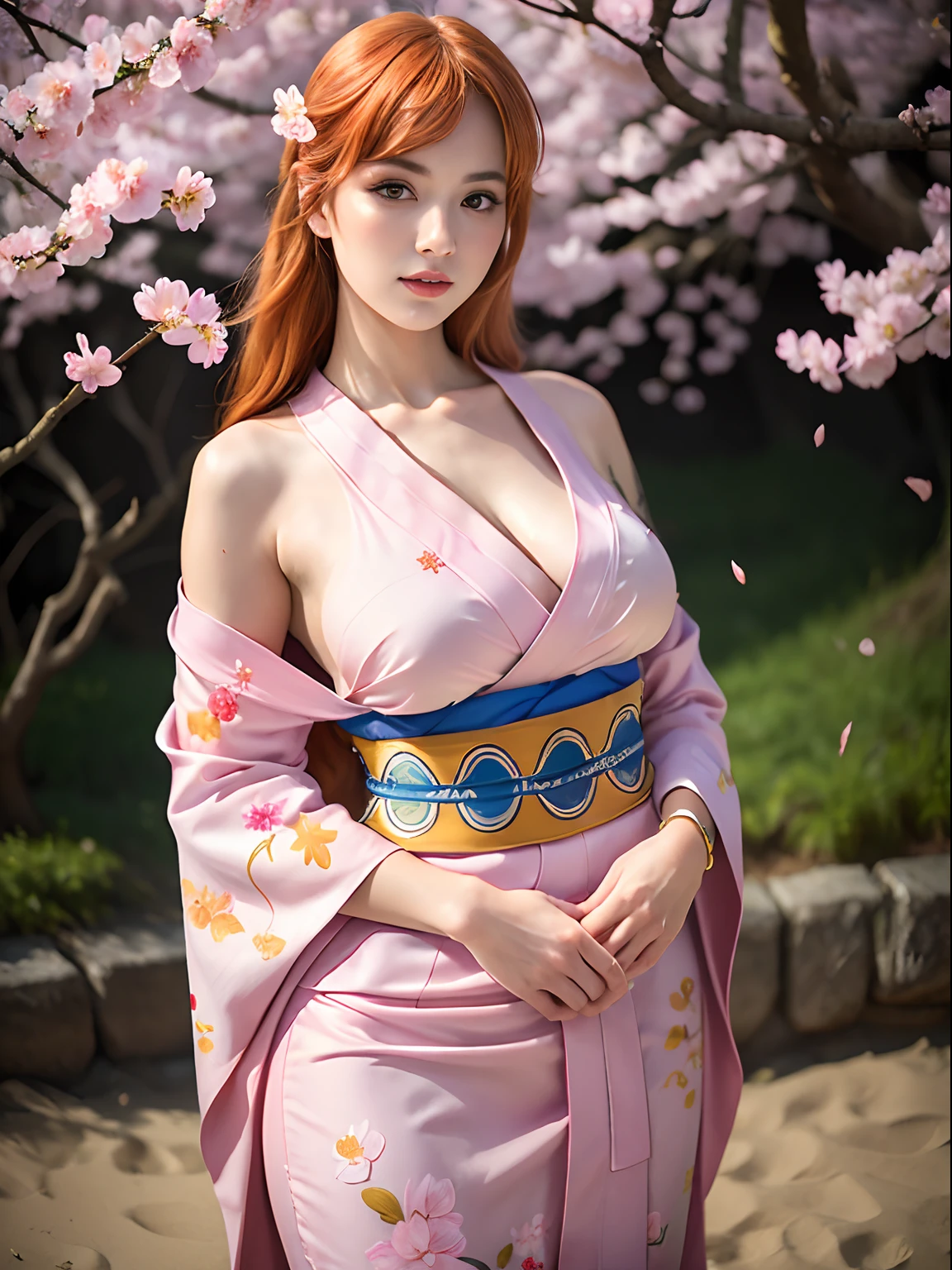 (masterpiece, best quality:1.4), (standing:1.5), (outside at the beach), 1girl, nami \(one piece\), 1girl, cherry blossoms, falling petals, gold, japanese clothes, kimono, long kimono, log pose, long hair, looking at viewer, open mouth, orange hair, petals, shoulder tattoo,, solo, (european youth  woman:1), looking at viewer, beautifull smile, beautiful face, highly detailed face, highly detailed eyes, subsurface scattering, realistic pupils, full face blush, full lips, detailed background, depth of field, volumetric lighting, sharp focus, absurdres, realistic proportions, (realistic, hyperrealistic:1.4), 16k hdr