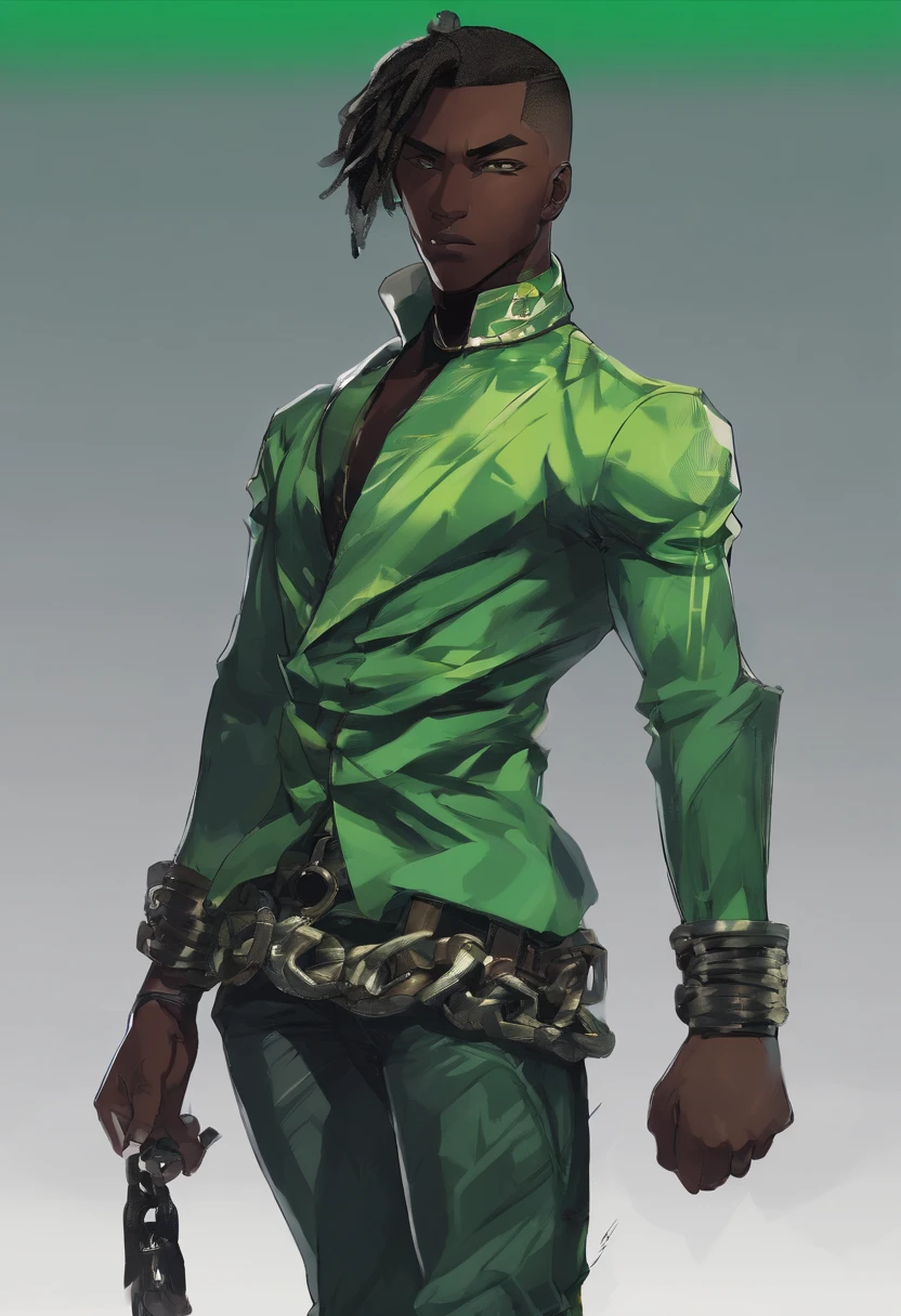 a close up of a dark skin person in a dark green  shirt with black sleeves, chained belt, African American character in tekken, emerald green eyes, buzzcut  hair, full body close-up shot, male character, single character full body, full body shot hyperdetailed, style of mirror\'s edge, kentaro miura style, full body render, daigo ikeno, highly detailed full body, full body portrait shot