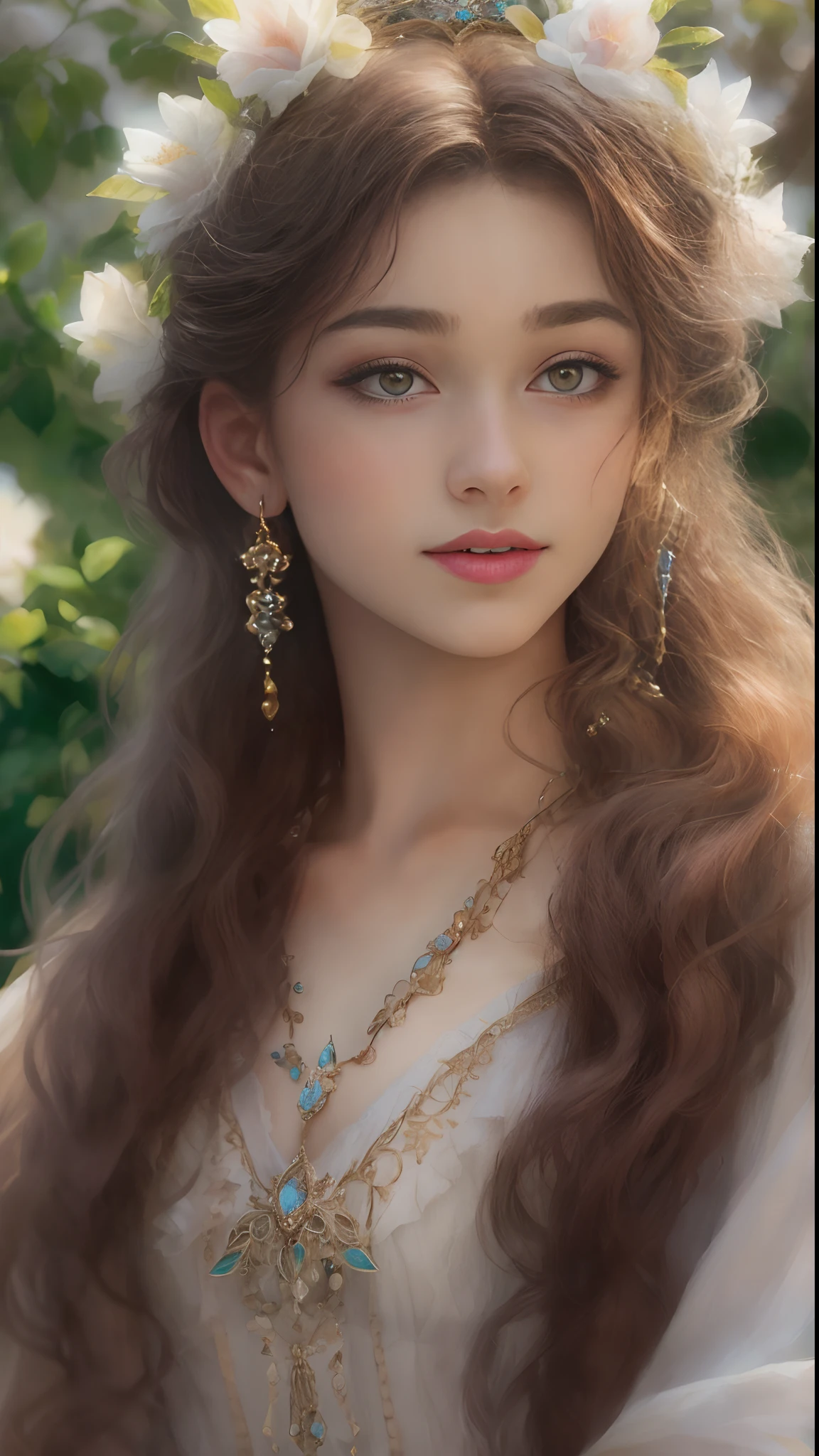 (Best quality, 4K, 8K, A high resolution, Masterpiece:1.2), Ultra-detailed, Realistic portrait of an 18 year old aristocratic girl, Exquisite facial features，Long brown curly hair details expressed, The posture is leisurely and natural，Graceful posture, Dreamy atmosphere, expressive brush strokes, mystical ambiance, Artistic interpretation,Delicately coiled hair，Floral jewelry with exquisite details, Crystal diamond jewelry，Small fresh aesthetics，Stunning intricate costumes, Fantasy illustration, Subtle colors and tones, mystical aura,The details have been upgraded