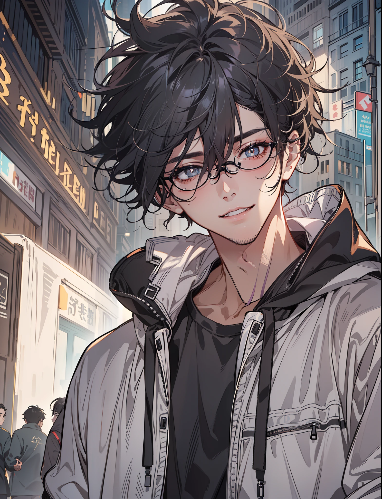 ((highest quality, masterpiece, 4k, finely detailed, detailed eyes, detailed face, gelbooru, pixiv)), warm lighting, ((solo)), 1 male, boy in glasses, handsome, masculine, adult male, broad shoulders, closeup of face, ((black chin hair)), portrait, slight blush on cheeks, smiling, looking at viewer, ((lazy eyes, half-lidded, eyebags under eyes, black eyes with white pupils)), wearing modern clothing, hoodie with a logo, sweatpants, standing, hands in pockets, ((black hair, medium length hair, shaggy hairstyle, messy hair)), city background