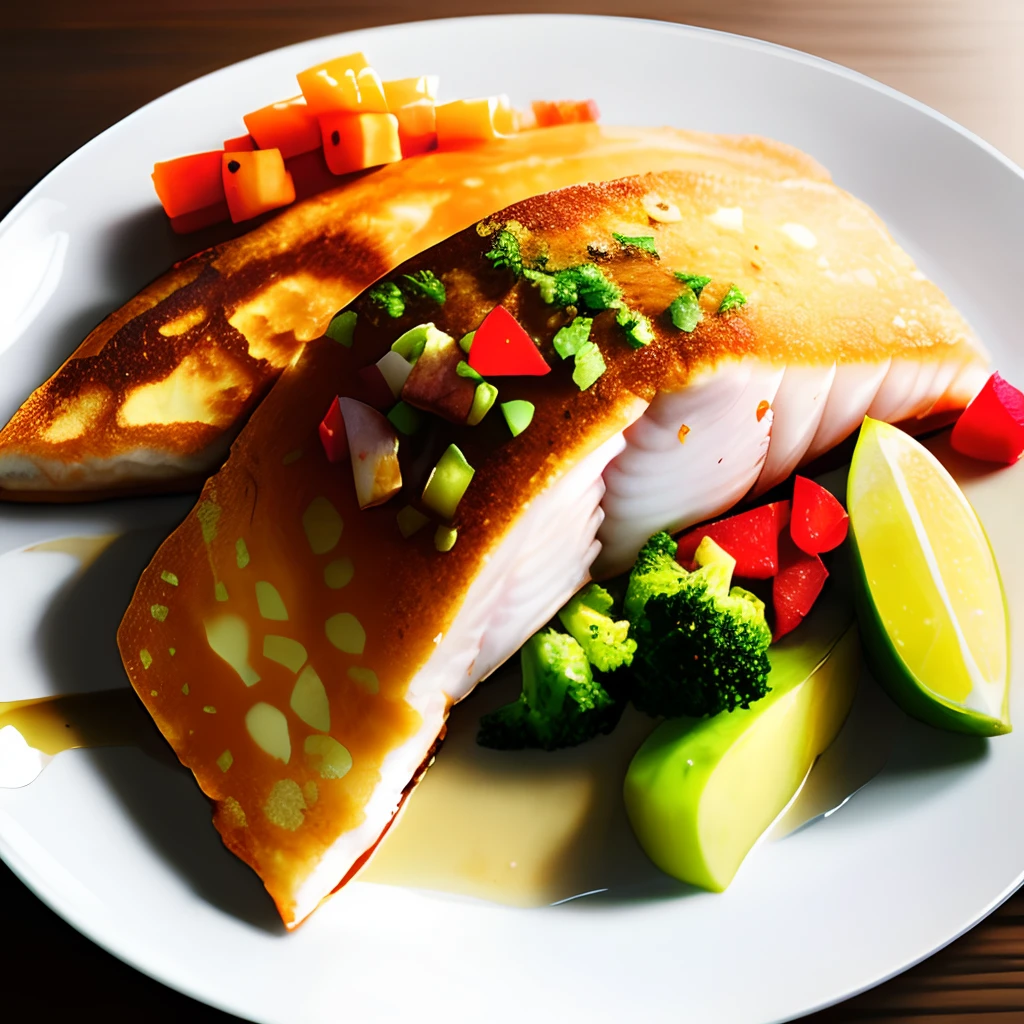 There is a plate of fish with sauce and vegetables., khoshroo salmon, But it looks good.", Yum, In the style of Thailand, Diego Koi, 3 4 5 3 1, yummy, High-quality food photography, Fish made from pancakes, By Aya Goda, Food Photography", thailand, Very tasty., By Ella Guru