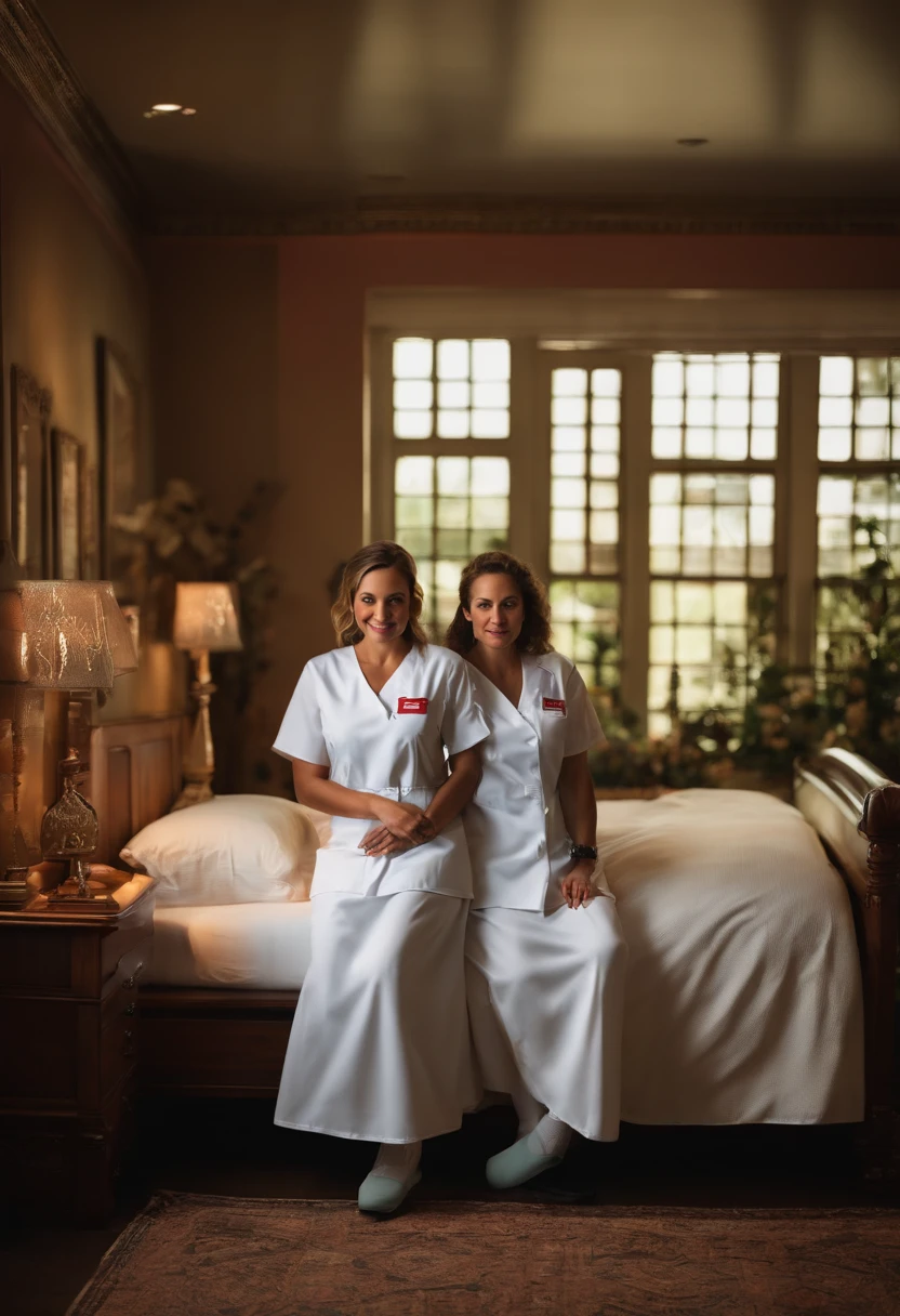 nurses posing on a bed