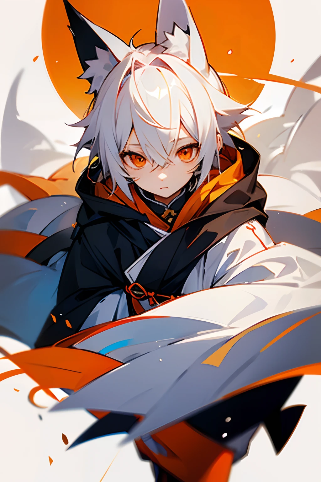 white hair、Orange Eyes、Hood from the top of the fox's ears、Male