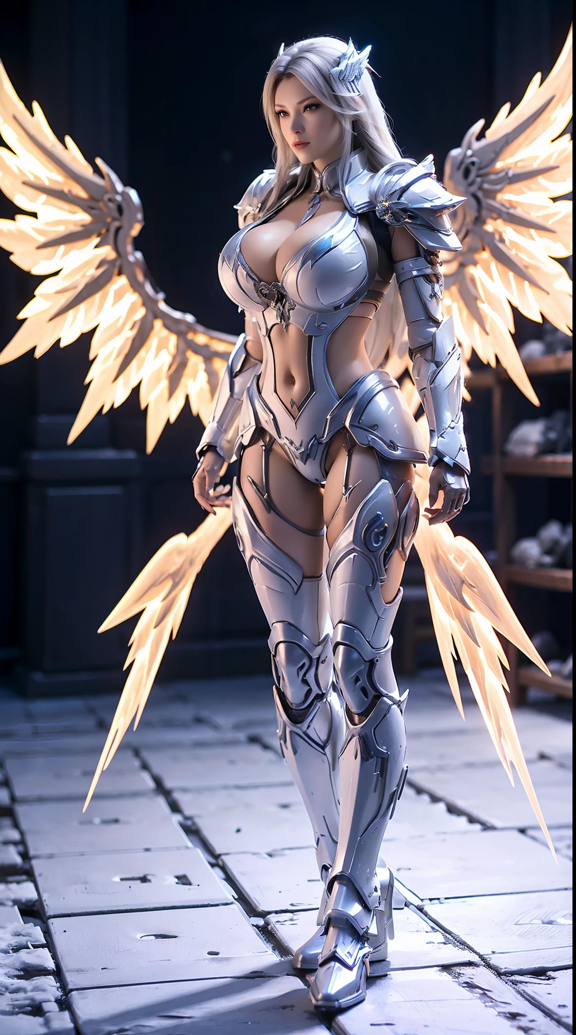 HUGE BOOBS, ICE PHOENIX, (LONG HAIR), MECHA ARMOR FULL SUIT, (CLEAVAGE), (A PAIR LARGEST WINGS), TRANSPARANT, TALL LEGS, STANDING, SEXY BODY, MUSCLE ABS.