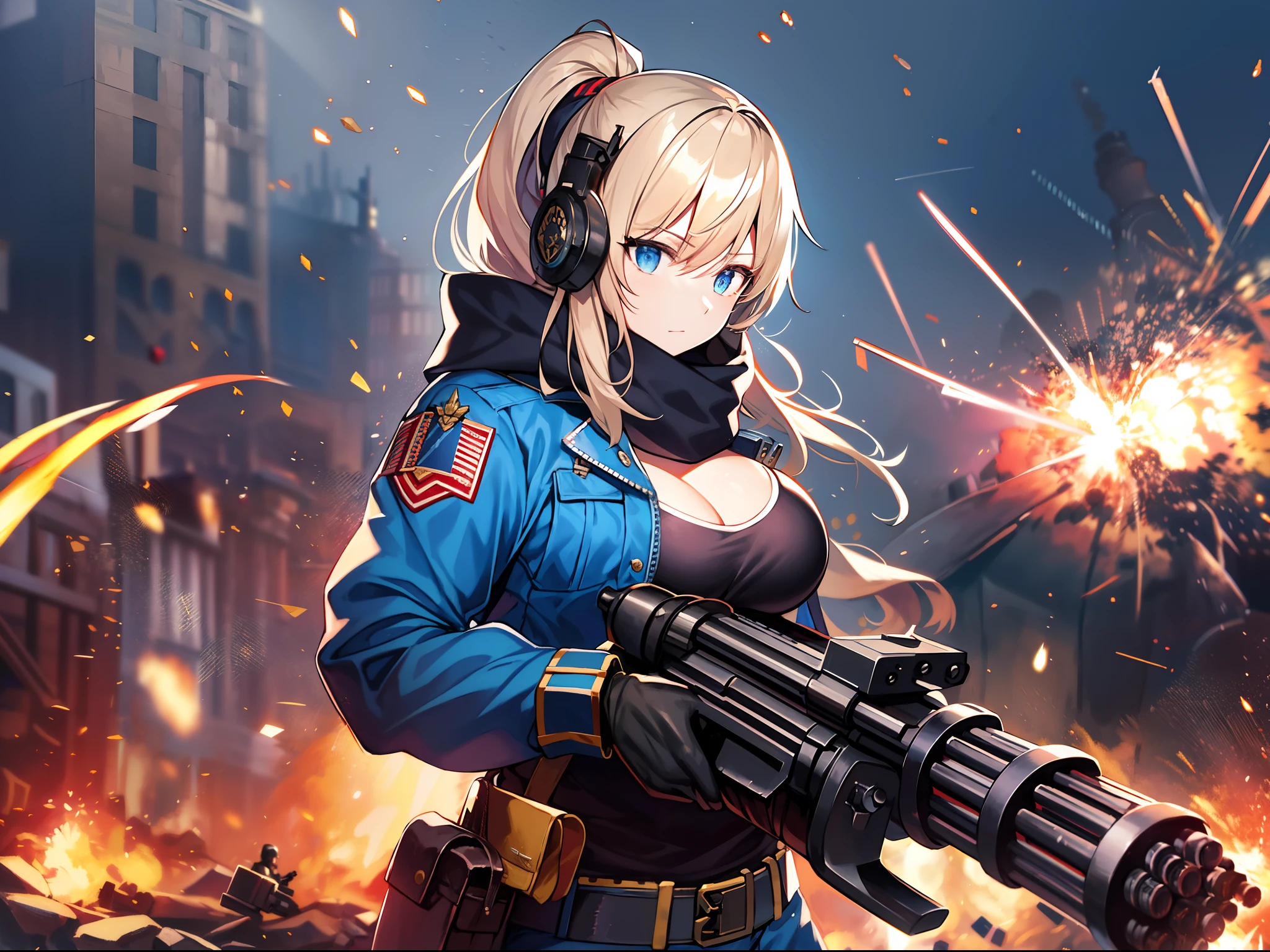 Outrageous resolution、​masterpiece++、top-quality++、ultra-definition++、ultra-definition++、4K++、8K++、From Side、（Background Focus）++、（（（1）））+++、Sexy clothes woman in blue jacket and black scarf、Have an ammo belt and a Gatling gun on the battlefield with explosions and sparks that destroy the city１Man muscle big cast military spell、Wearing a blue jacket and black scarf, ammunition belt and Gatling gun、On the battlefield with explosions and sparks１Runes of man muscle big soldier、Wearing a blue jacket and black scarf, ammunition belt and Gatling gun、On the battlefield with explosions and sparks１The magic of a muscular busty soldier、Wearing a blue jacket and black scarf, ammunition belt and Gatling gun、On a battlefield full of explosions and sparks１Muscle Big Soldier、Wearing a blue jacket and black scarf, ammunition belt and Gatling gun、On the battlefield with explosions and sparks１Muscular big military magician、Wearing a blue jacket and black scarf, ammunition belt and Gatling gun、On the battlefield with explosions and sparks１Muscle Big Military Goddess、detailed fantasy art、Fantasy Art Style、Wearing a blue jacket and black scarf, ammunition belt and Gatling gun, Blake、On a battlefield with beautiful ancient explosions and sparks１Muscular Giant Soldier Witch、Wearing a blue jacket and black scarf, ammunition belt and Gatling gun、On the battlefield with explosions and sparks１Muscle big military giant queen of man、Fantasy Art Behans、Wearing a blue jacket and black scarf, ammunition belt and Gatling gun、Beautiful explosions and sparks on the battlefield１Muscular big military magician、Wearing a blue jacket and black scarf, ammunition belt and Gatling gun、Beautiful explosions and sparks on the battlefield１Muscular big military magician、Wearing a blue jacket and black muffler with an ammunition belt and Gatling gun.、Shiny floating explosions and sparks on the battlefield１muscle busty soldier splinter、Wearing a blue jacket and black scarf, ammunition belt and Gatling gun、On the ba