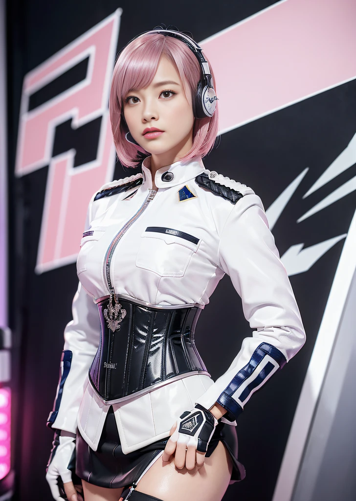 (Top Quality, Ultra High Definition, Photorealistic: 1.4), (cowboy shot:1), 1 Beautiful Girl, (Kpop Idol), Detailed Face, (Hair Style: Pink:1, fullbang, shortbob-style:1), Contrapposto, Perfect Anatomy, Smooth Skin, Professional Lighting, ((wearing Futuristic Police Racing Suits, low-mini-skirt, police wappen, High-tech Headset, military gun-corset, racing gloves, machinegun)), (Cloths colors based on pink silver white black), (background, backstrage),