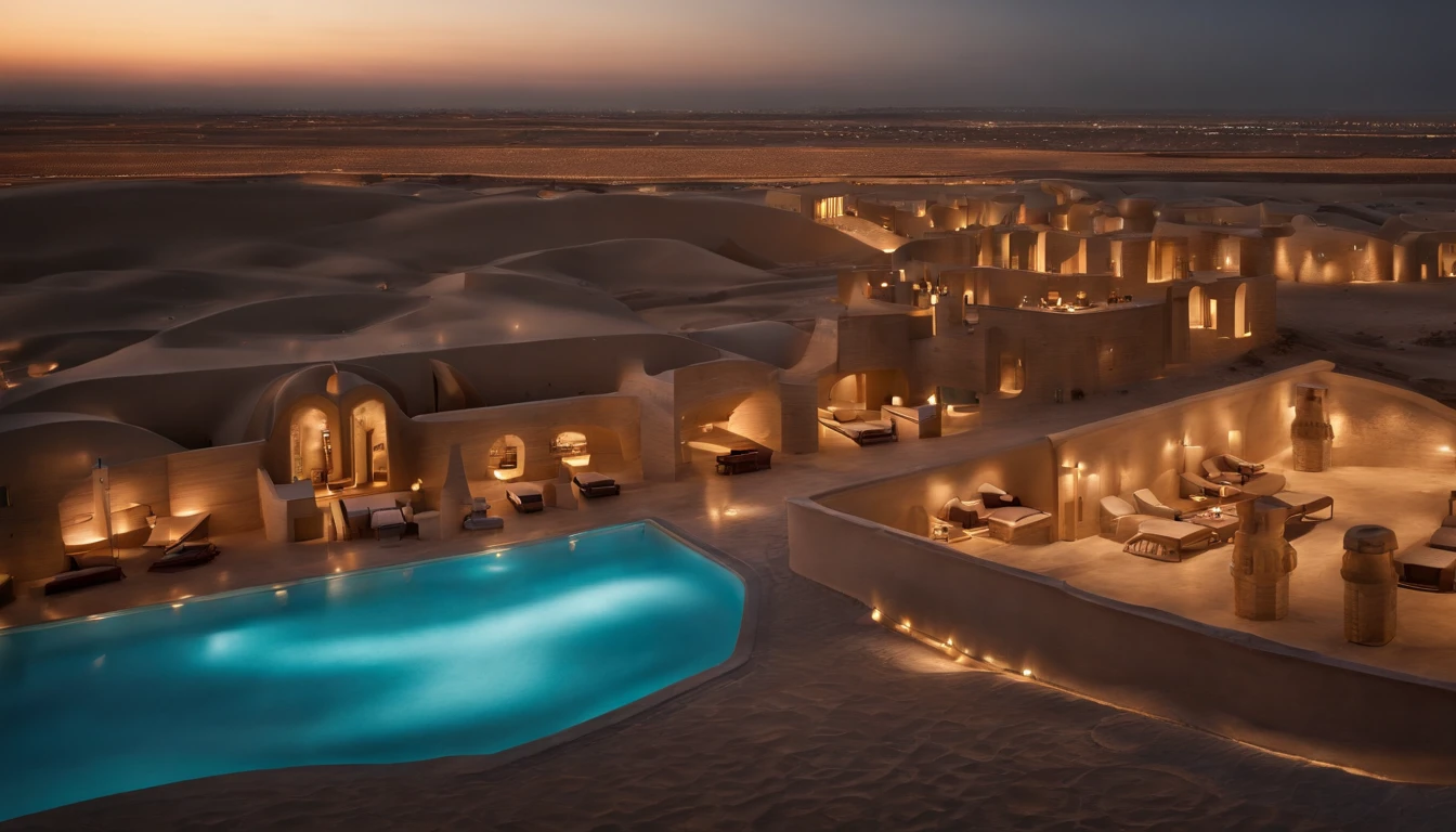 Dubai architectural style, Desert background, the night, starrysky, Grand, surrealism, Masterpiece, A high resolution, 16k, Super detail, ccurate, A high resolution, High details