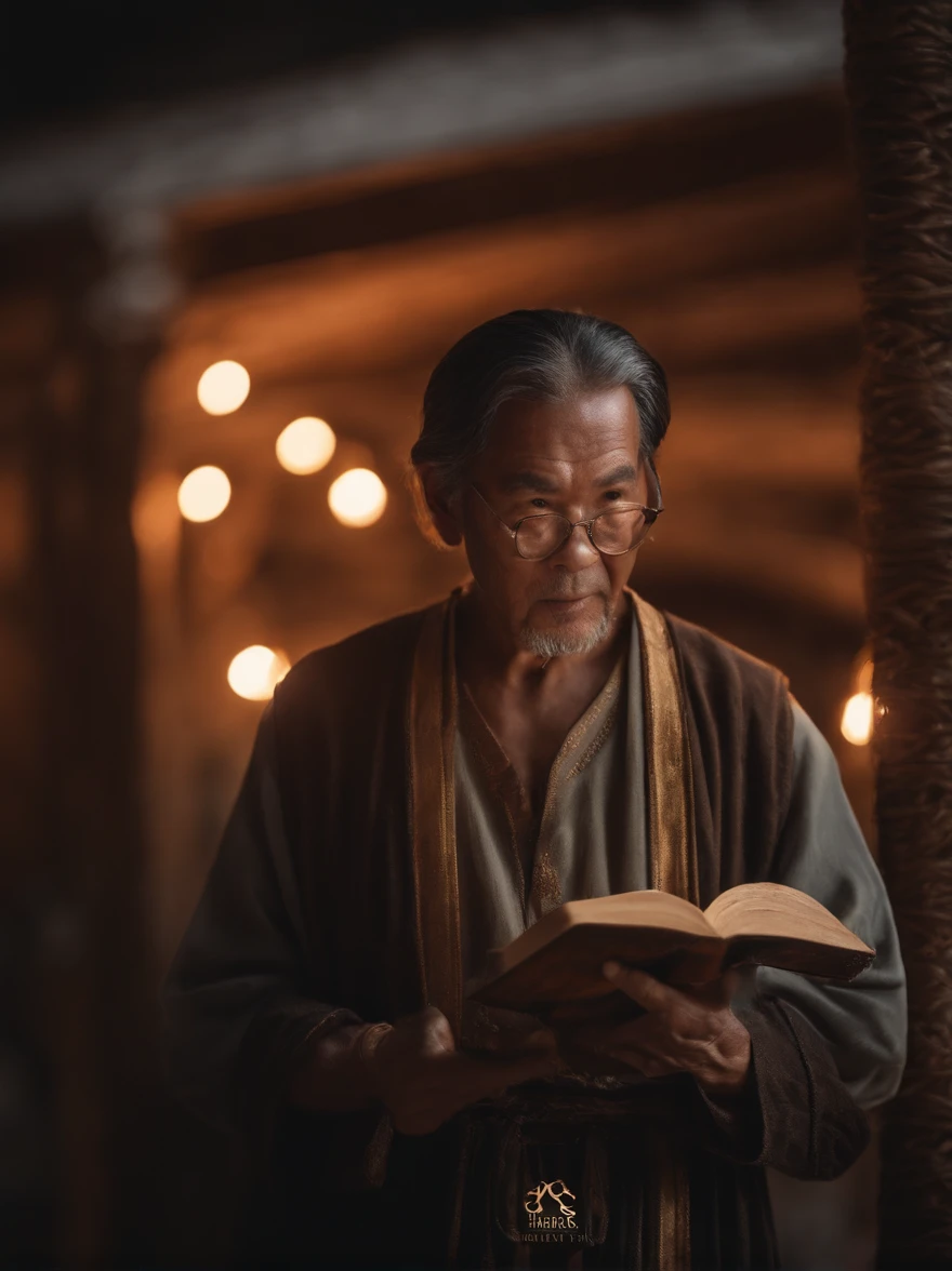 (Biblical times) On the left is an old man,Asian people,Holding a glowing book in his hand, To the right of the image is a terrifying demon (Biblical times) depth of fields, Bokeh, hentail realism, Fotorrealista, ultra-realistic realism, professional photoshooting, 8K UHD , Digital SLR, hdr , Primary tablet, best qualityer, Granular film, photorealistic paintings, Fujifilm XT3
