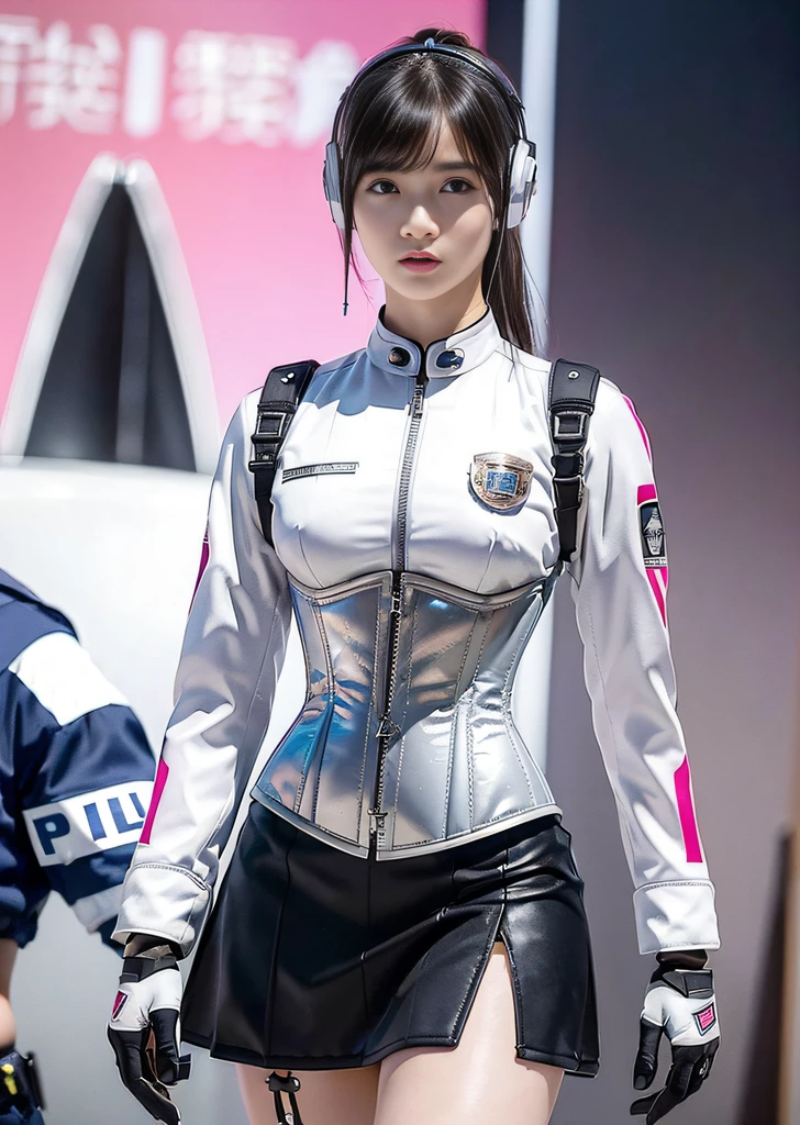(Top Quality, Ultra High Definition, Photorealistic: 1.4), (cowboy shot:1), 1 Beautiful Girl, (Kpop Idol), Detailed Face, (Hair Style: Pink:1, fullbang, shortbob-style:1), Contrapposto, Perfect Anatomy, Smooth Skin, Professional Lighting, ((wearing Futuristic Police Racing Suits, low-mini-skirt, police wappen, High-tech Headset, military gun-corset, racing gloves, machinegun)), (Cloths colors based on pink silver white black), (background, backstrage),