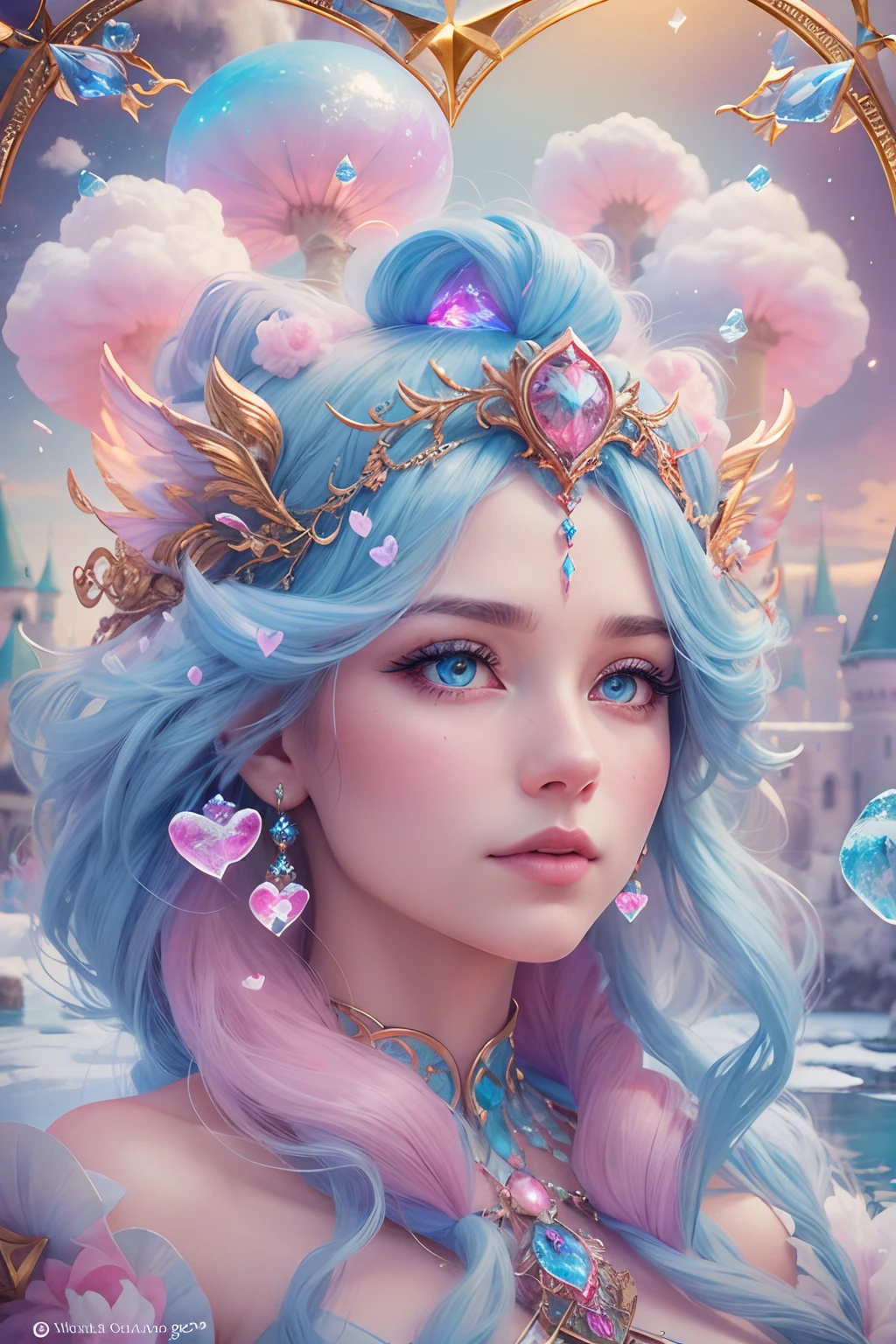 Cotton Candy Queen Women Goddess 8k Resolution Rendered Hyper Realistic Intricate Detail lives in an frosty heart shaped ice bubble, a fanciful place filled with castles, cotton candy, swans lakes and fluffy clouds, An intricate visual representation of computer programing, rendered in 24k resolution with intricate details and symbols.