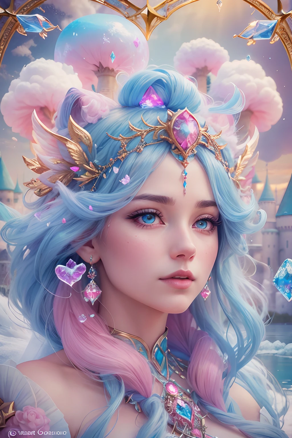 Cotton Candy Queen Women Goddess 8k Resolution Rendered Hyper Realistic Intricate Detail lives in an frosty heart shaped ice bubble, a fanciful place filled with castles, cotton candy, swans lakes and fluffy clouds, An intricate visual representation of computer programing, rendered in 24k resolution with intricate details and symbols.