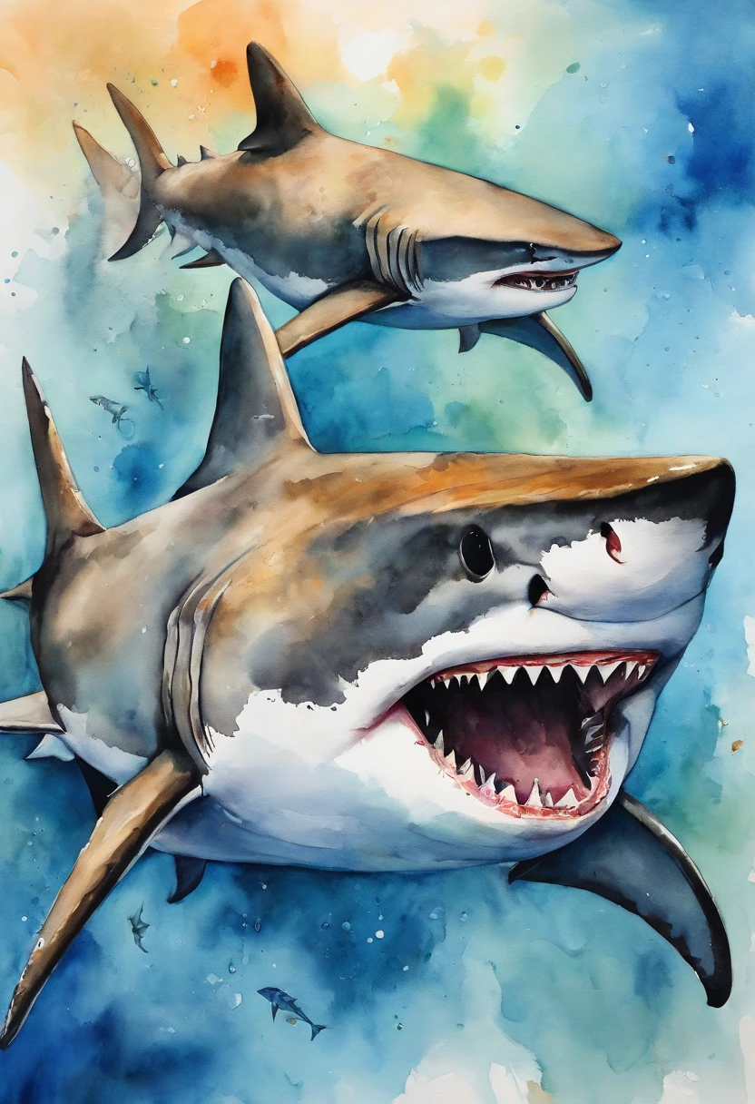Sharks with open mouths,Sharp teeth,Throw yourself head-on into the water