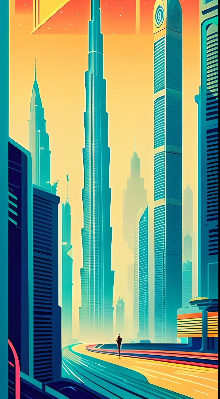 a poster of a city Dubai, kilian eng vibrant colours, art deco illustration, art deco poster, vibrant colors, digital illustration art deco outrun anime . illustration