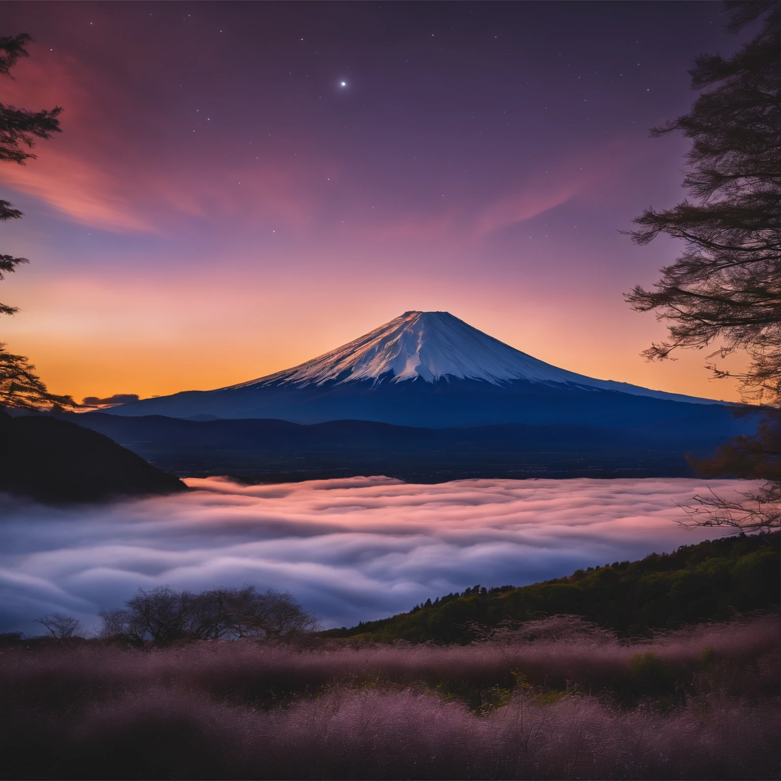 Master Parts、Superior Quality、superior image quality、The 8k quality、Beautiful pictures of the starry sky、magnifica、(Mt fuji:1.25)、dramatic cloud:1.5、Evening glow:1.9、Lenticular clouds:1.9