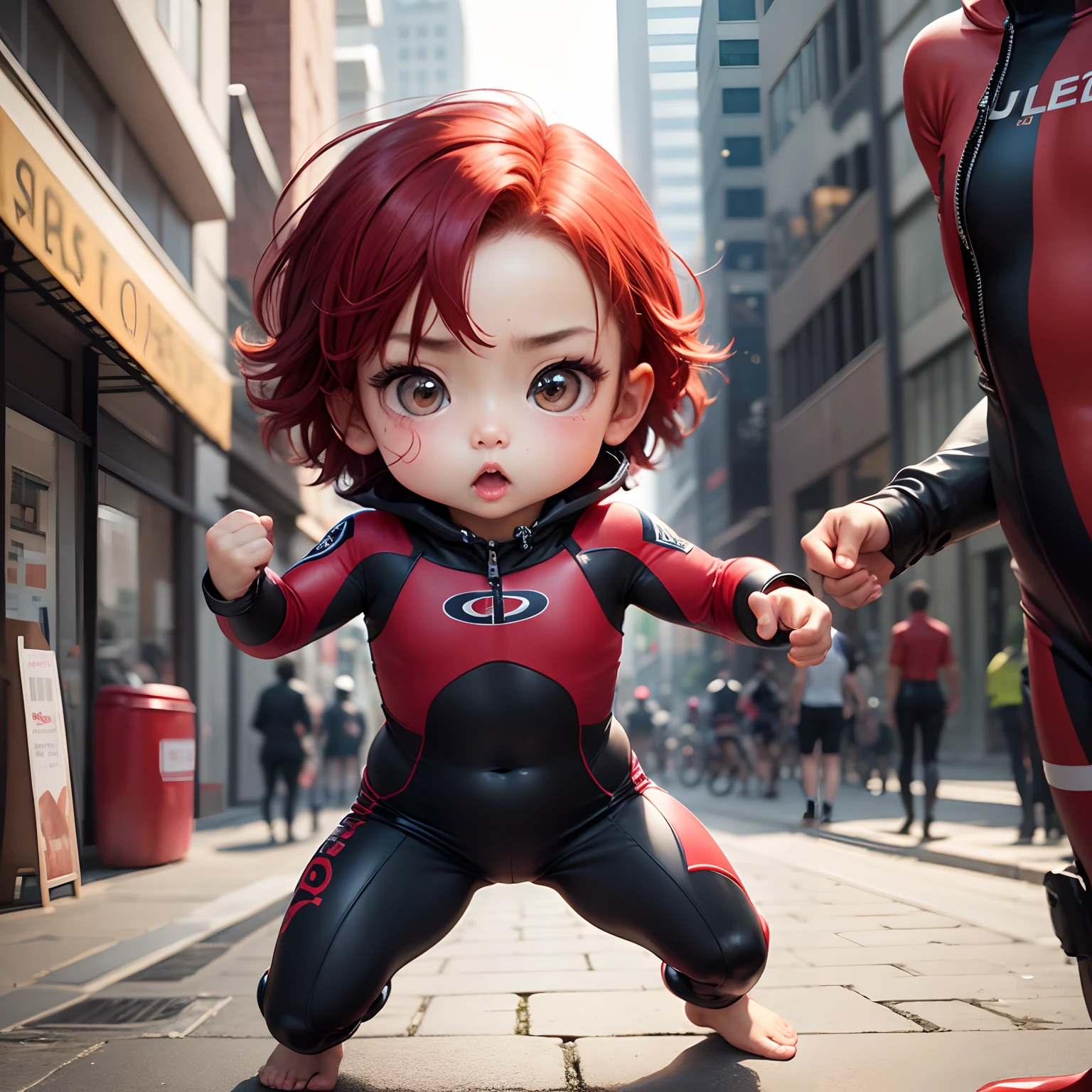 masutepiece、top-quality、ultra-detailliert、1  Chibi、fighting poses、Red short-haired、Red and black wetsuit,Urban city