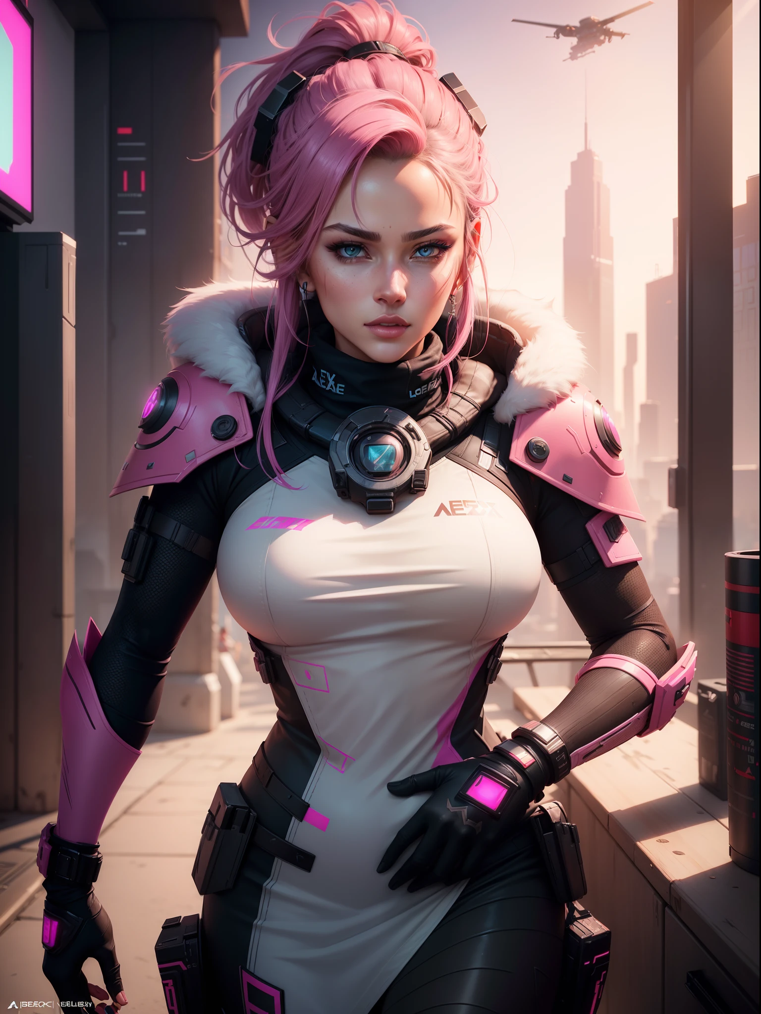 (best quality,photorealistic:1.37),Loba from the game Apex Legends, sensual, beautiful, colors related to pink tones, gaming atmosphere, modern, detailed facial features, captivating eyes, luscious lips, elegant posture, sleek and stylish outfit, futuristic urban backdrop, vibrant lighting