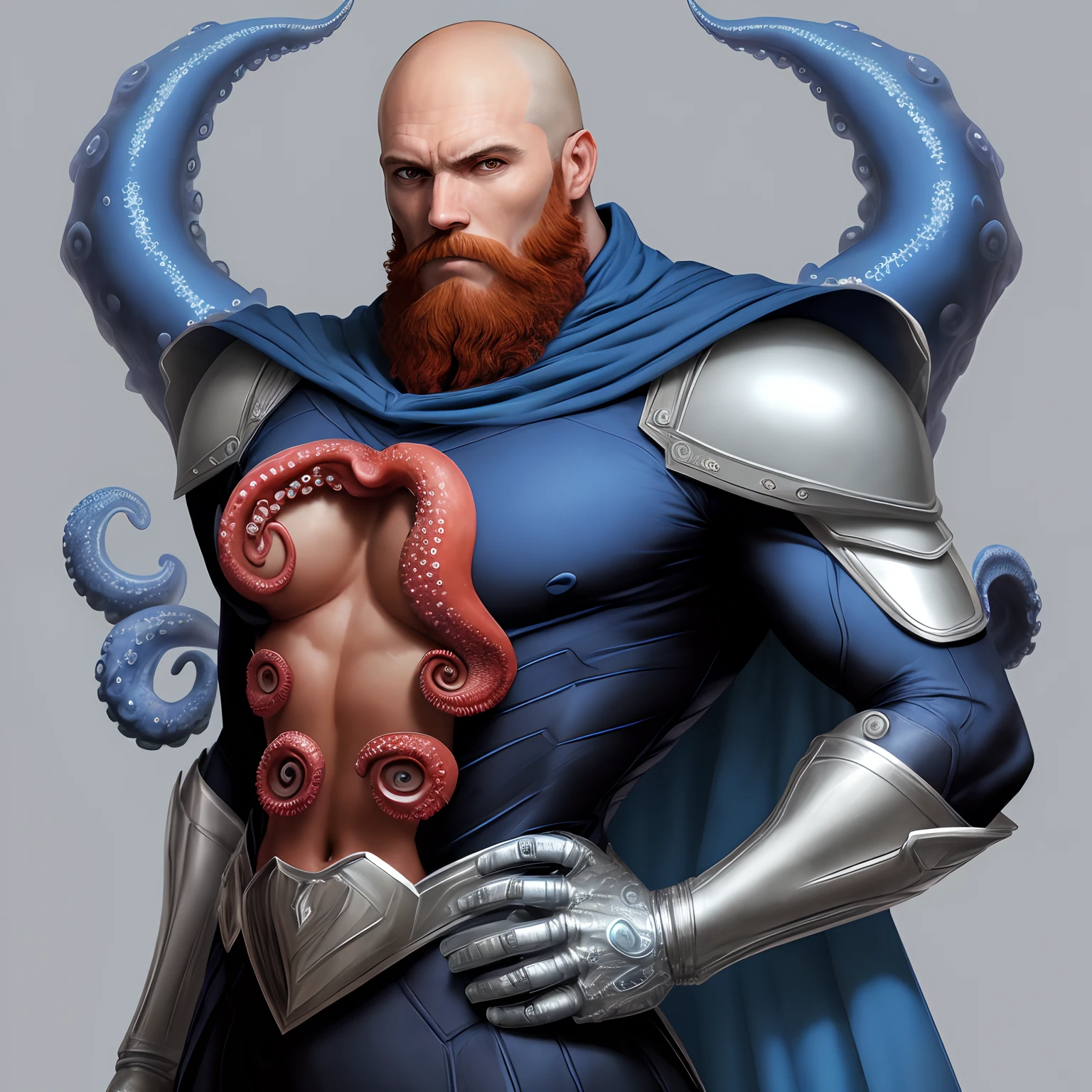 Homem careca, Redbeard Robot SeaArt Txt2Img Standard 23:11:28 Create a realistic 8k HD Ultra image of a Marvel character in a costume inspired by the Spider-Man costume only that this superhero would have the costume inspired by an octopus, ele seria o homem polvo, com seu traje em tons de branco azul Ciano azul claro e azul escuro seu traje tem um lindo perfeito e detalhado ,Details with octopus tentacles, Ventosas ,no estilo Homem-Aranha do aranhaverso,Costume inspiration of superhero costume is an octopus. White gloves on hands with silver details,symbol of a blue octopus right in the center of the breastplate of the superhero costume