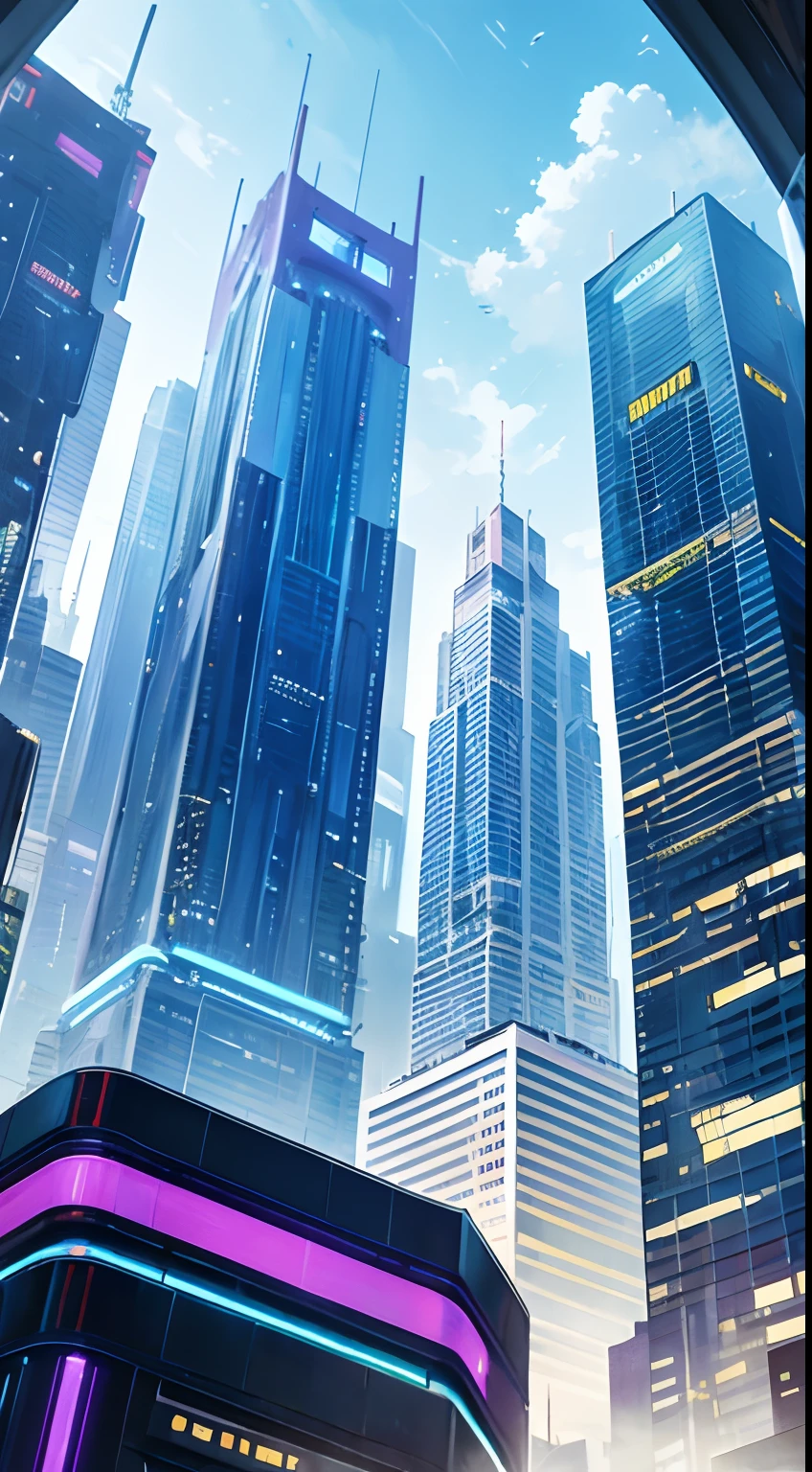 Futuristic cityscape oil painting,Towering skyscrapers fill the picture。 From below,The colors are bright and vibrant,blue colors、Shades of green and purple dominate the scene。