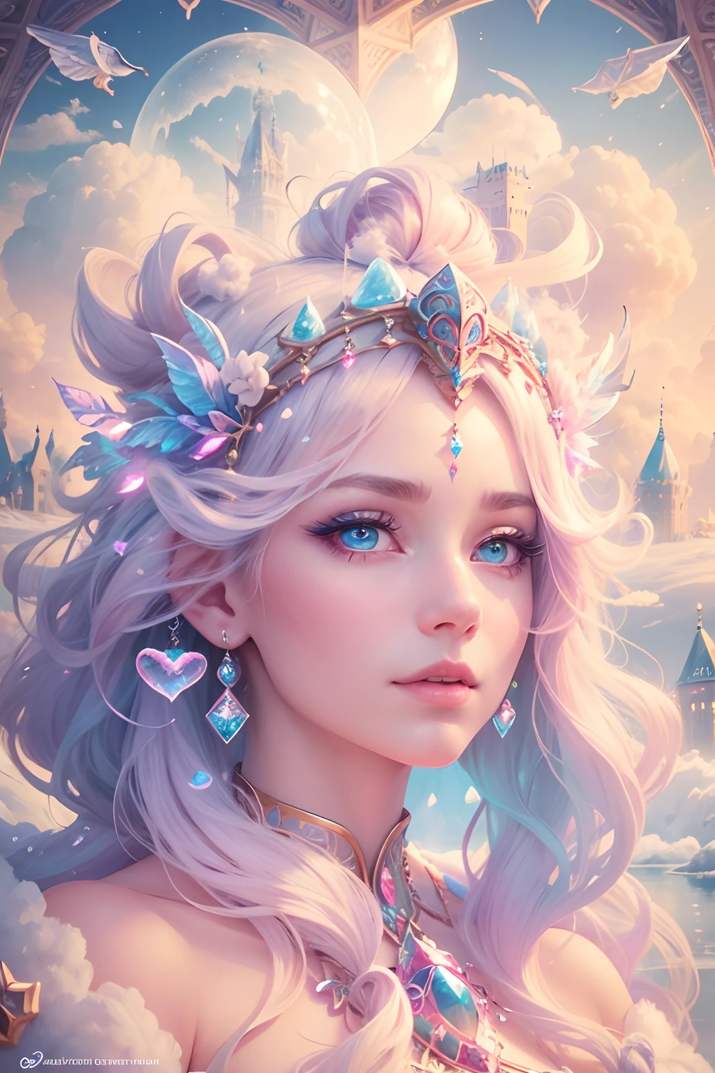 Cotton Candy Queen Women Goddess 8k Resolution Rendered Hyper Realistic Intricate Detail lives in an frosty heart shaped ice bubble, a fanciful place filled with castles, cotton candy, swans lakes and fluffy clouds, An intricate visual representation of computer programing, rendered in 24k resolution with intricate details and symbols.