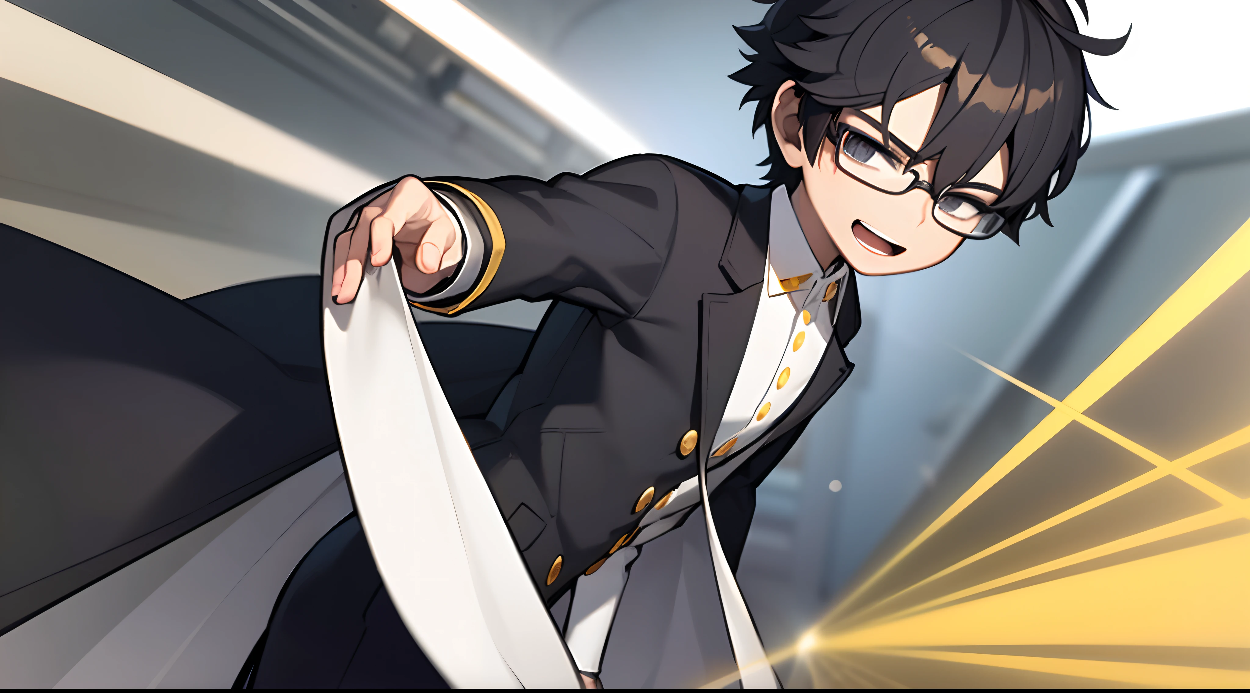 ((masterpiece, best quality)), (1boy), (solo), (male focus), (ahoge, black hair, short hair), (3D cinema glasses)) black eyes, slight smile, open mouth, ((white coat), (buttoned coat), (button opening)), ((black pants), (long pants)), standing, hands closed, white background, right angle