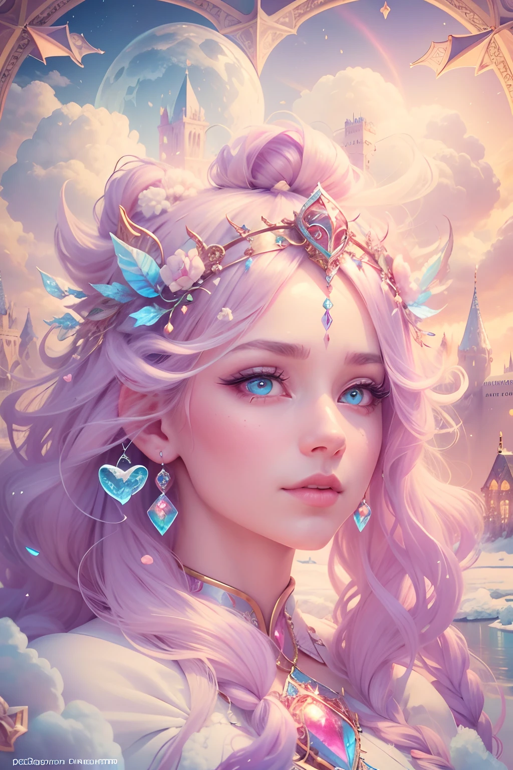 Cotton Candy Queen Women Goddess 8k Resolution Rendered Hyper Realistic Intricate Detail lives in an frosty heart shaped ice bubble, a fanciful place filled with castles, cotton candy, swans lakes and fluffy clouds, An intricate visual representation of computer programing, rendered in 24k resolution with intricate details and symbols.
