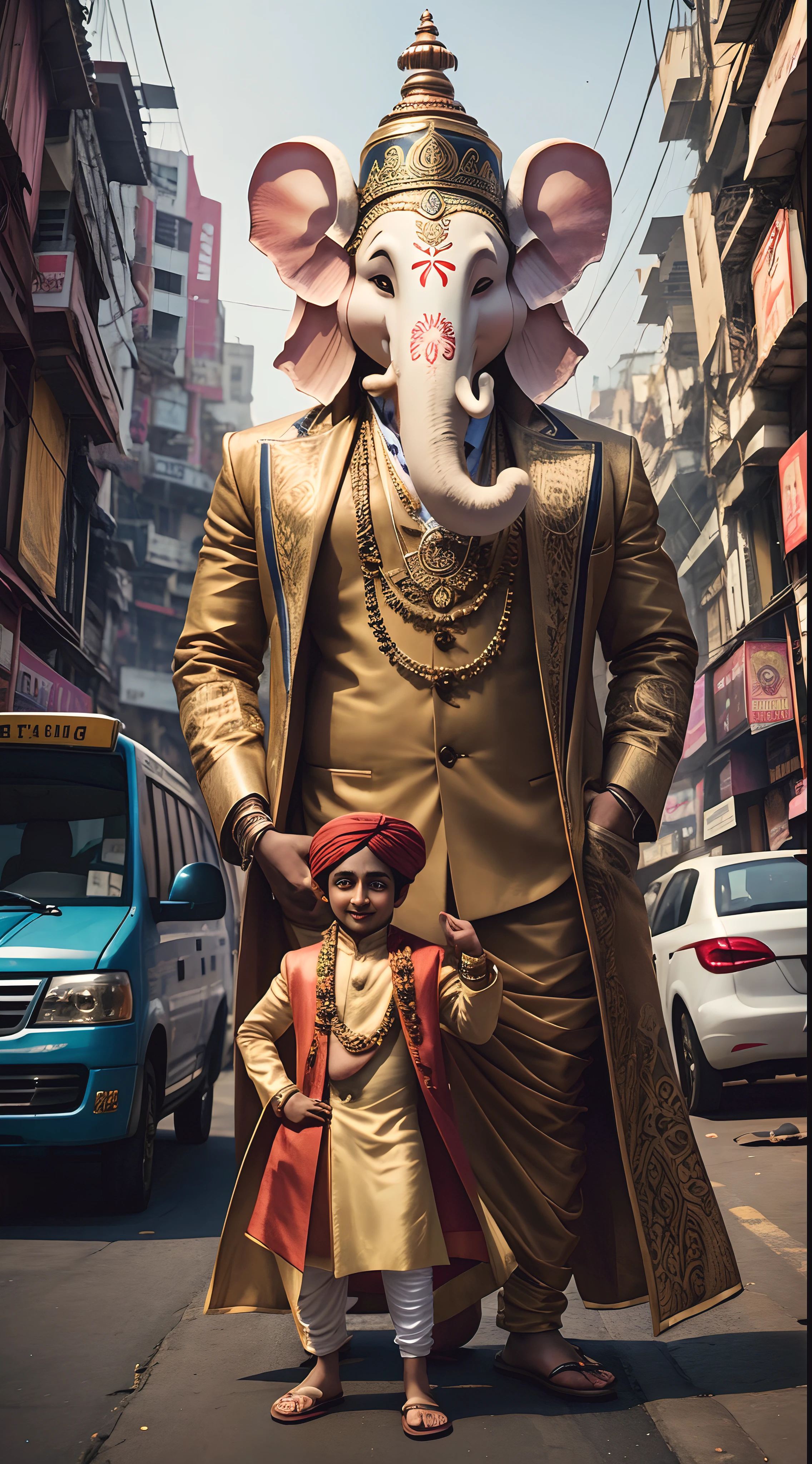 Indian god ganesh wearing coat suit in Mumbai street, realistic, 8K, surrounded with mouse, looking at camera and smile