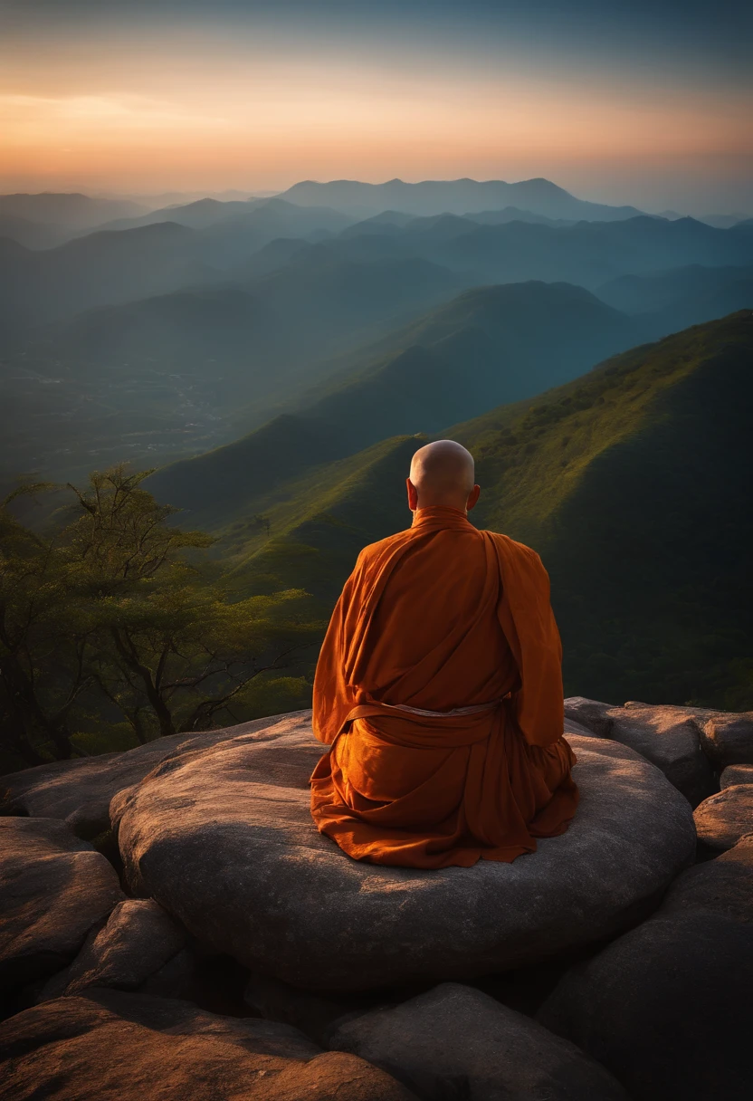 The former monk meditates on the top of the mountain,,Sunrise behind the monk, Ultra photo realsisim