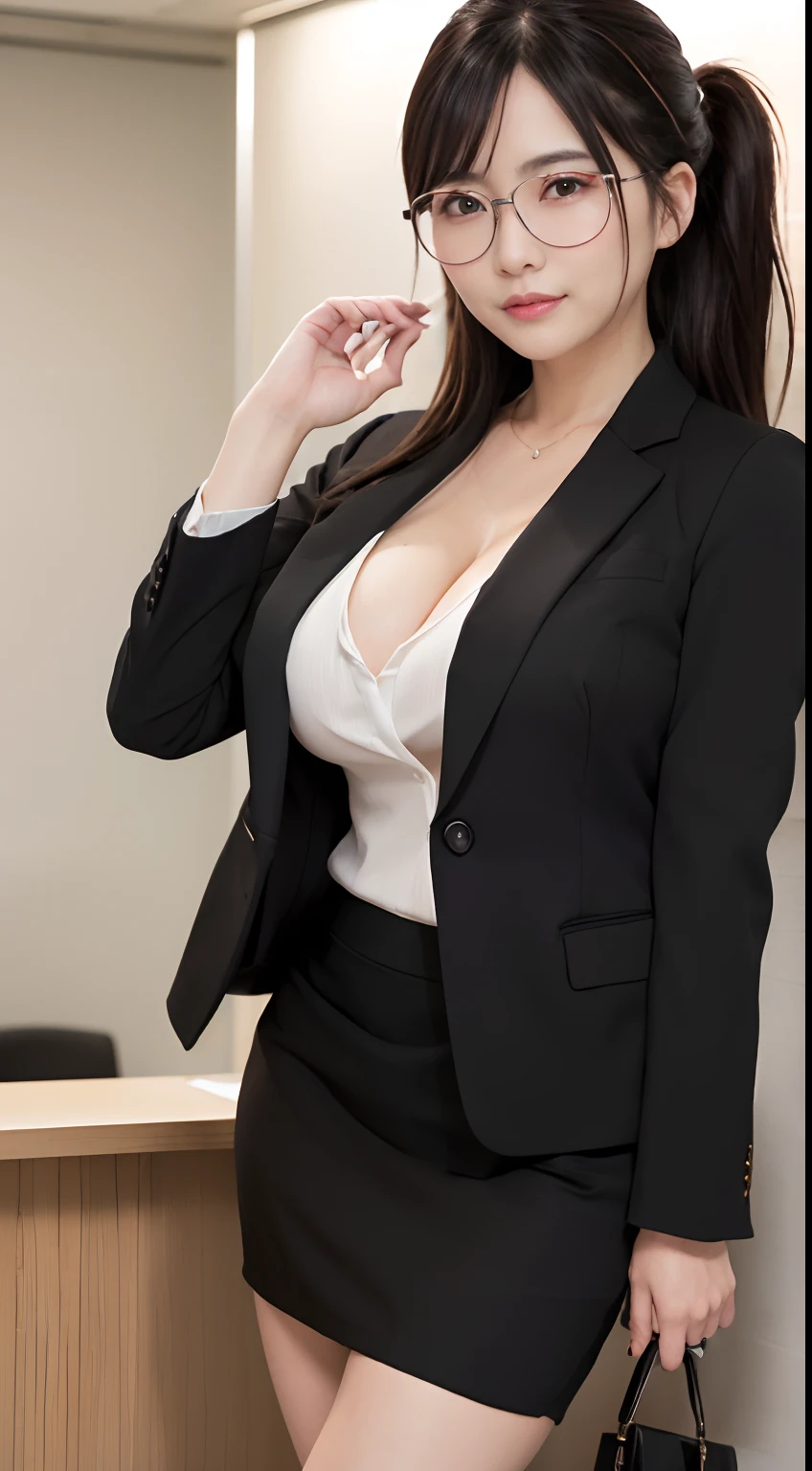 (((Saleslady、Young office woman wearing silver glasses、Recruit Style Women、Woman in black jacket and black tight skirt)))、((top-quality:1.4、8K、32K、nffsw:1.3))、(unparalleled masterpiece ever)、(Photorealsitic:1.4)、Real 1.2、((Raw photography、真实感:1.6))、1girl in、Women in Japan、perfectly proportions、(((Recruit Style、Wearing a black business suit、white  shirt、a black skirt)))、Facing the camera、dynamicposes、dynamic ungle、Elegant long tight skirt、(Largest big breasts:1.9、Colossal tits:1.9,,,,、Colossal tits:1.9,,,,、slender abdomen、Lower body slender)、ulzzang -6500-v1.1、Woman in her 20s、hyperdetailed face、A detailed eye、with round face、Detailed iris、二重まぶた、Thin eyebrows、(cabelos preto e longos、High Up Ponytail)、Red Rouge、high-heels、photon maping、detailed skin textures、Downtown、street corner、Office Reception