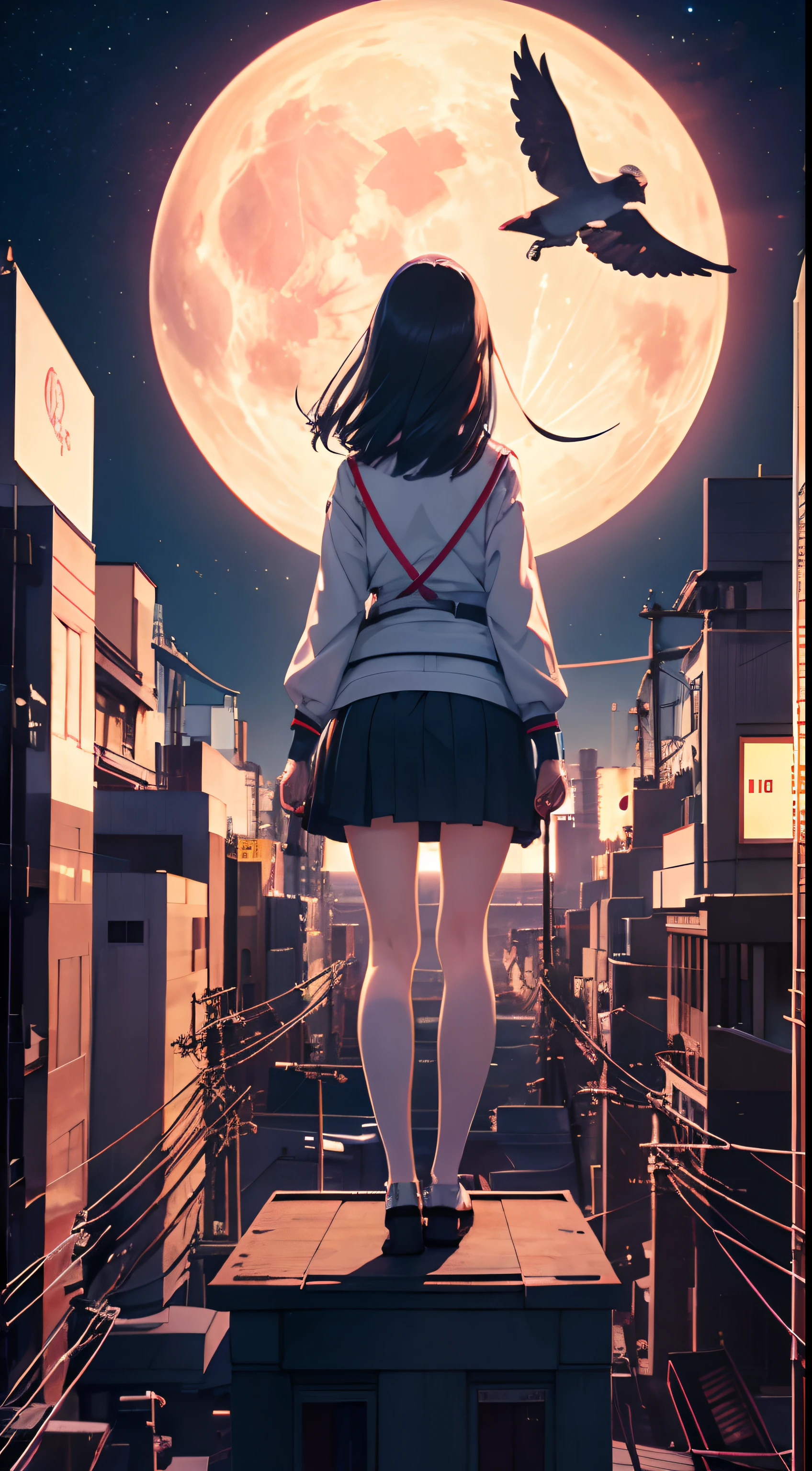 James Jean Japanese Anime Surreal Mysterious Bizarre Sci-fi Fantasy Tokyo Night Walk On Telephone Pole Mini Skirt High Girl Moon Space Station Bird's Eye View Night View of Buildings, hyperdetailed high resolution high definition high quality masterpiece, a girl standing on top of telephone pole