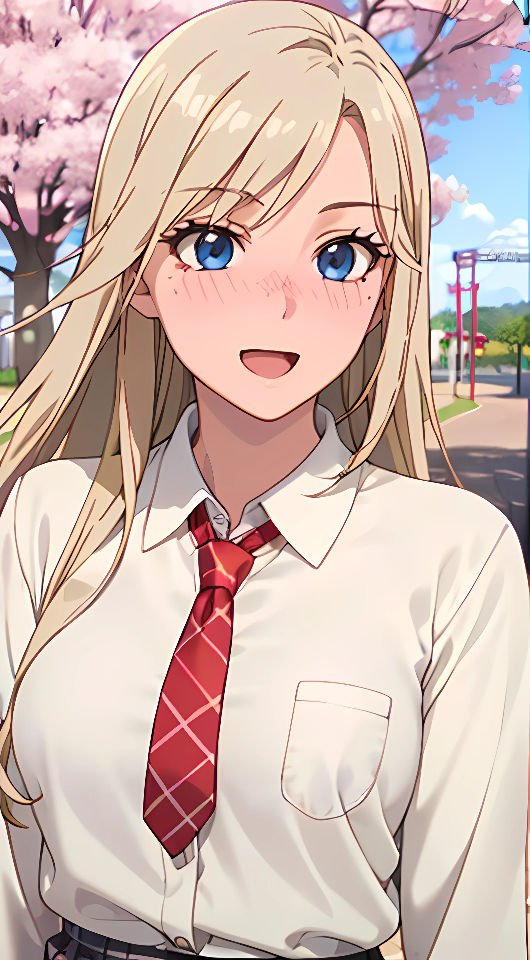 ((masterpiece, best quality, highres, UHD, perfect pixel, depth of field, 4k, RTX, HDR))), 1girl, single, solo, beautiful anime girl, beautiful artstyle, anime character, ((long hair, parted bangs, blonde hair)), ((blue eyes:1.4, rounded eyes, realistic eyes)), ((eyelashes, ultra-detailed eyelashes, smooth eyelashes)), ((detailed face, blushing:1.2)), ((smooth texture:0.75, realistic texture:0.65, photorealistic:1.1, anime CG style)), medium breasts, dynamic angle, perfect body, ((POV, dynamic pose)), ((red necktie, school uniform, white shirt, brown sweater, long sleeve, black skirt, plaid skirt)), smile, open mouth, amusement park, ((cherry blossom tree, cherry blossoms fall)), natural light, bright sky, sunshine
