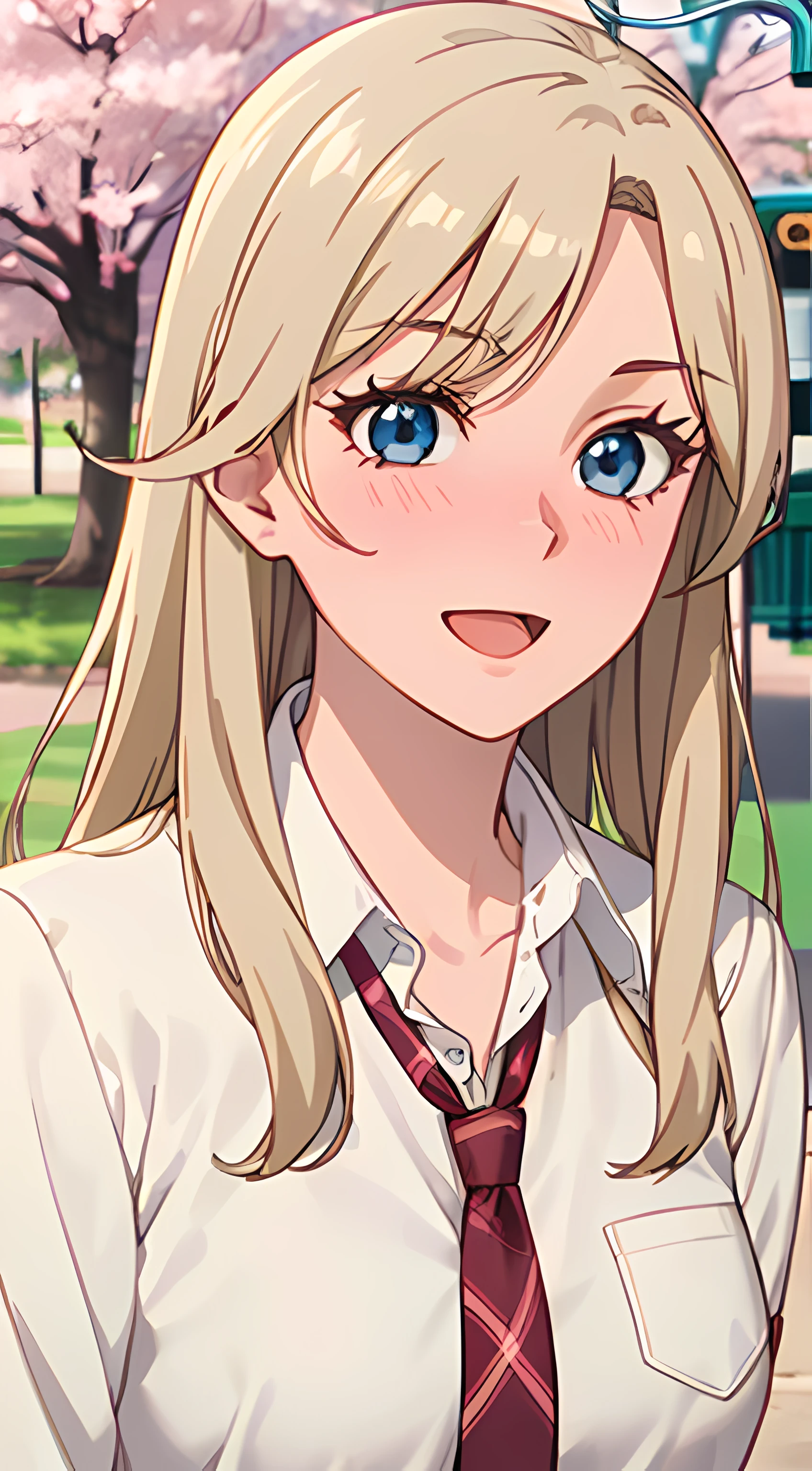 ((masterpiece, best quality, highres, UHD, perfect pixel, depth of field, 4k, RTX, HDR))), 1girl, single, solo, beautiful anime girl, beautiful artstyle, anime character, ((long hair, parted bangs, blonde hair)), ((blue eyes:1.4, rounded eyes, realistic eyes)), ((eyelashes, ultra-detailed eyelashes, smooth eyelashes)), ((detailed face, blushing:1.2)), ((smooth texture:0.75, realistic texture:0.65, photorealistic:1.1, anime CG style)), medium breasts, dynamic angle, perfect body, ((POV, dynamic pose)), ((red necktie, school uniform, white shirt, brown sweater, long sleeve, black skirt, plaid skirt)), smile, open mouth, amusement park, ((cherry blossom tree, cherry blossoms fall)), natural light, bright sky, sunshine