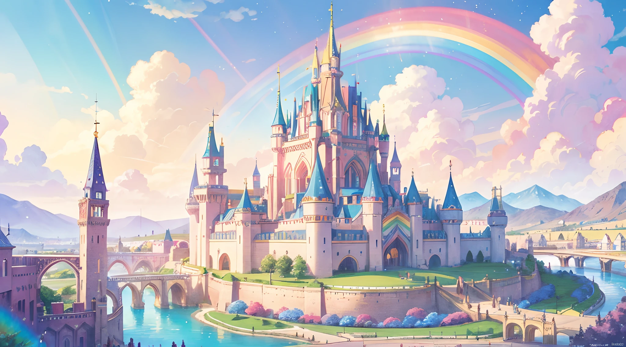 A vibrant and enchanting rainbow kingdom, where colors dance and magic fills the air. Majestic castles with sparkling towers rise above lush meadows and flowing rivers. Whimsical creatures and joyful inhabitants roam the streets, creating a scene of pure wonder and happiness. Best quality, intricate details, clean lines, eye-catching composition, soft tones, anime realism, perfect illustration