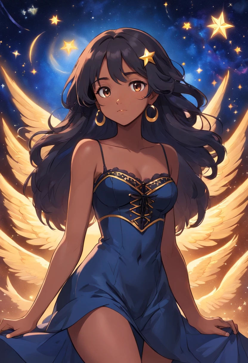 celestial star girl, (Caramel Brown skin Black girl moor, long black hair::8 ), dark blue dress with corset, Full slim Body, colors bright, risa loca, malvada, Hair::-10