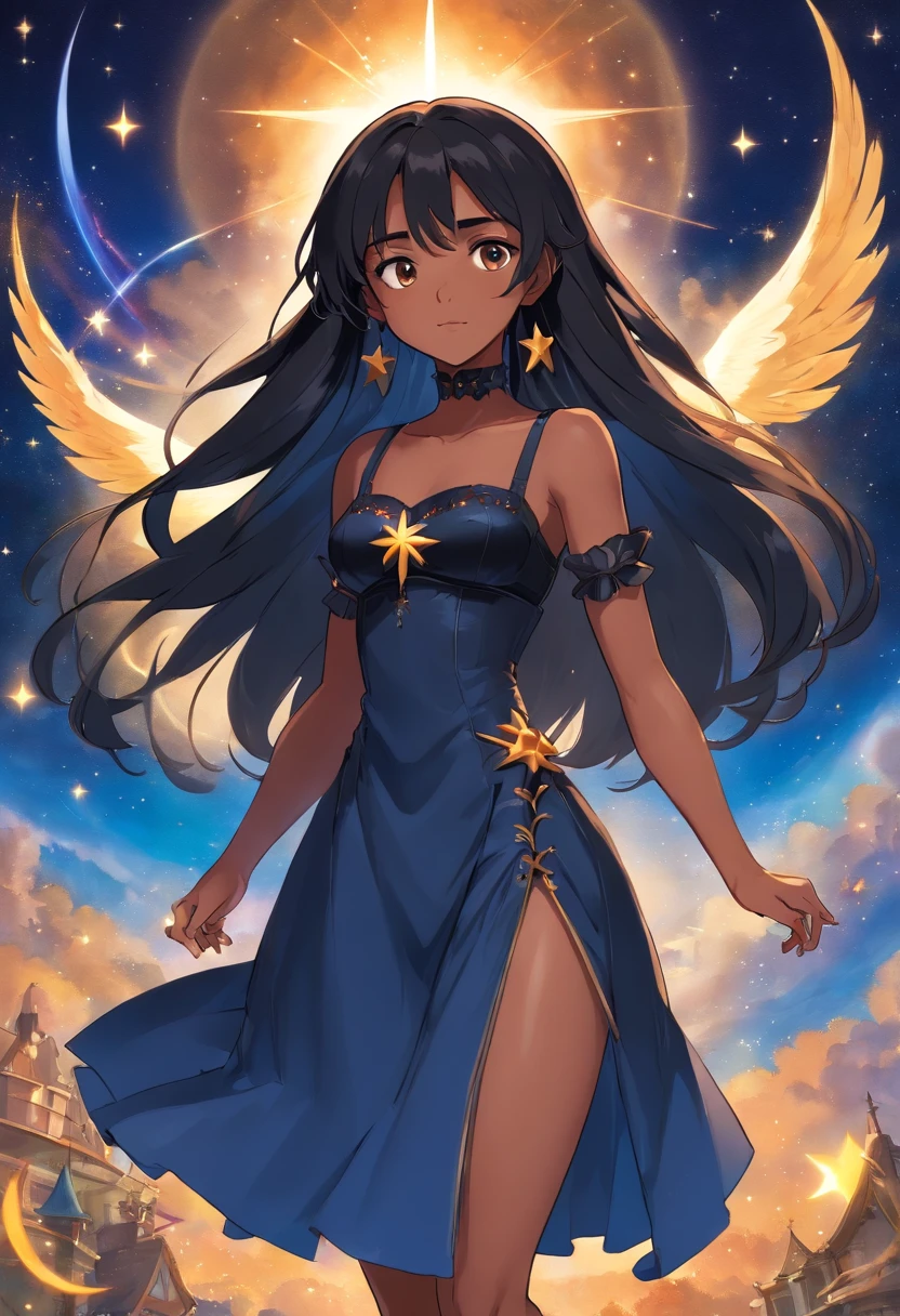 celestial star girl, (Caramel Brown skin Black girl moor, long black hair::8 ), dark blue dress with corset, Full slim Body, colors bright, risa loca, malvada, Hair::-10