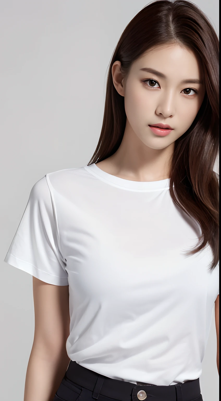 ((Best Quality, 8K, masutepiece :1.3)), Sharp Focus :1.2, A pretty woman with perfect figure :1.4, Slender Abs :1.2, ((dark brown hair,breasts :1.2)), (White Long Formal Shirt)(Shirt button closure.), greybackground:1.2, Highly detailed face and skin texture, Detailed eyes, 二重まぶた,Fashion Model Posing,Cowboy Shot,White pants,drop shadow,