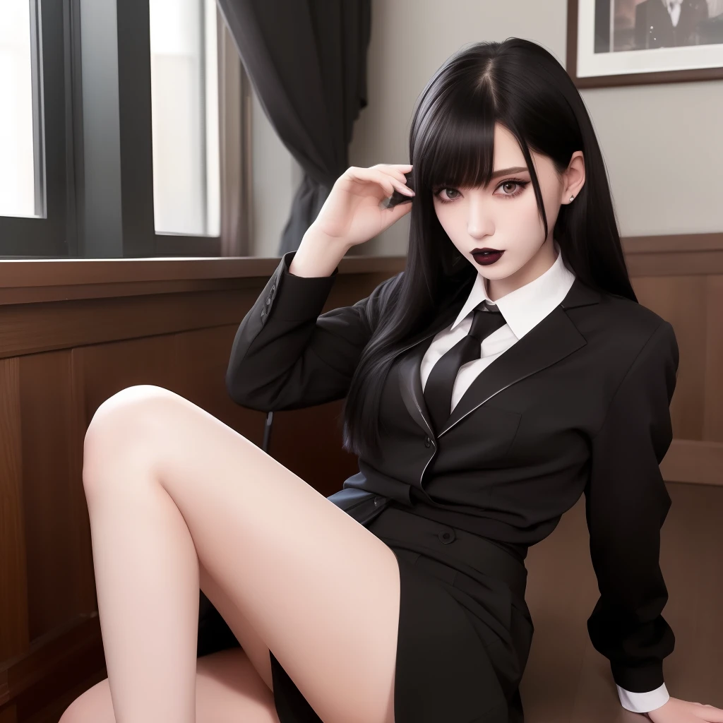 Best quality, masterpiece, super high resolution, (realism: 1.4), black hair, pale skin, bedhead, goth, happy, wispy bangs, school uniform, black lipstick, full body shot, tie