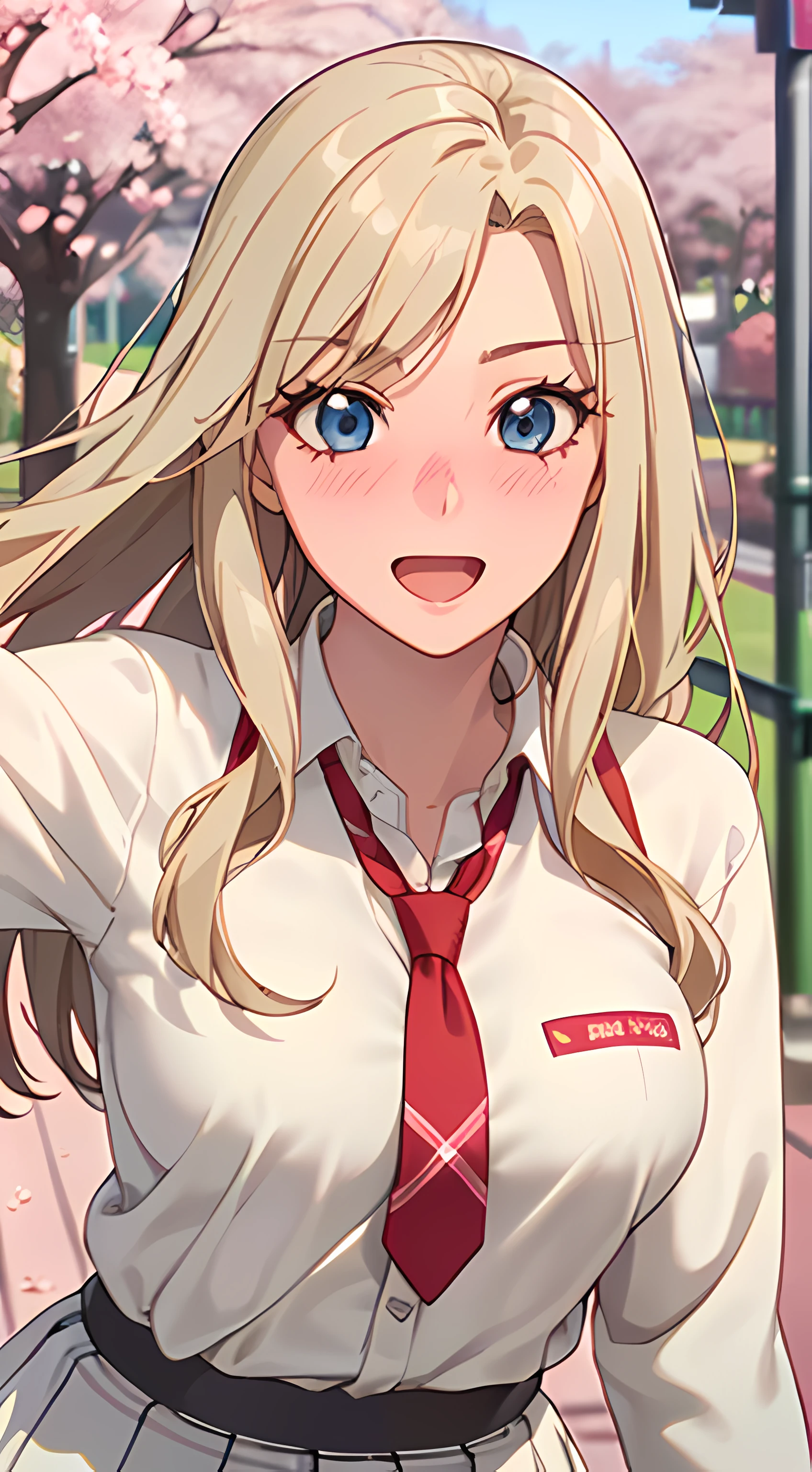 ((masterpiece, best quality, highres, UHD, perfect pixel, depth of field, 4k, RTX, HDR))), 1girl, single, solo, beautiful anime girl, beautiful artstyle, anime character, ((long hair, parted bangs, blonde hair)), ((blue eyes:1.4, rounded eyes, realistic eyes)), ((eyelashes, ultra-detailed eyelashes, smooth eyelashes)), ((detailed face, blushing:1.2)), ((smooth texture:0.75, realistic texture:0.65, photorealistic:1.1, anime CG style)), medium breasts, dynamic angle, perfect body, ((POV, dynamic pose)), ((red necktie, school uniform, white shirt, brown sweater, long sleeve, black skirt, plaid skirt)), smile, open mouth, amusement park, ((cherry blossom tree, cherry blossoms fall)), natural light, bright sky, sunshine