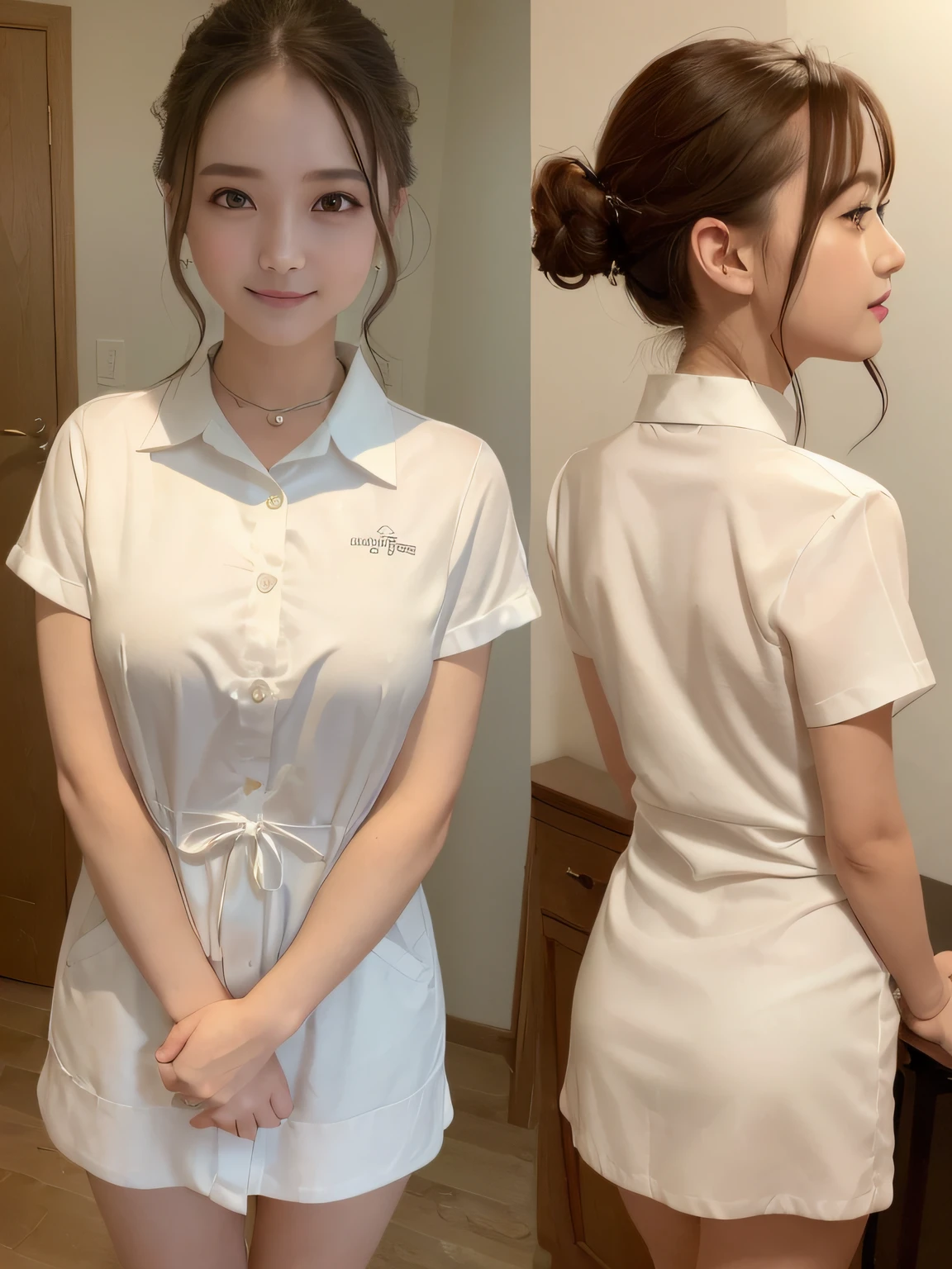 (in 8K, top-quality, a masterpiece of:1.2), (realisitic, Photorealsitic:1.37), ultra-detailliert, small tits、Skinny face、Mature look、de pele branca、Nurse、Suppin、Narrow slit eyes、Small eyes、Small, Narrow eyes、30-years old,独奏,Nasal blush、A smile、a closed mouth、tiny chest、Delicate body、Black eyes、beatiful detailed eyes、Single eyelid、poneyTail、A dark-haired 、short cut hair、fullllbody、Skinny Legs、Manteau blanc、Nurse、see -through、Black underwear、White blouse